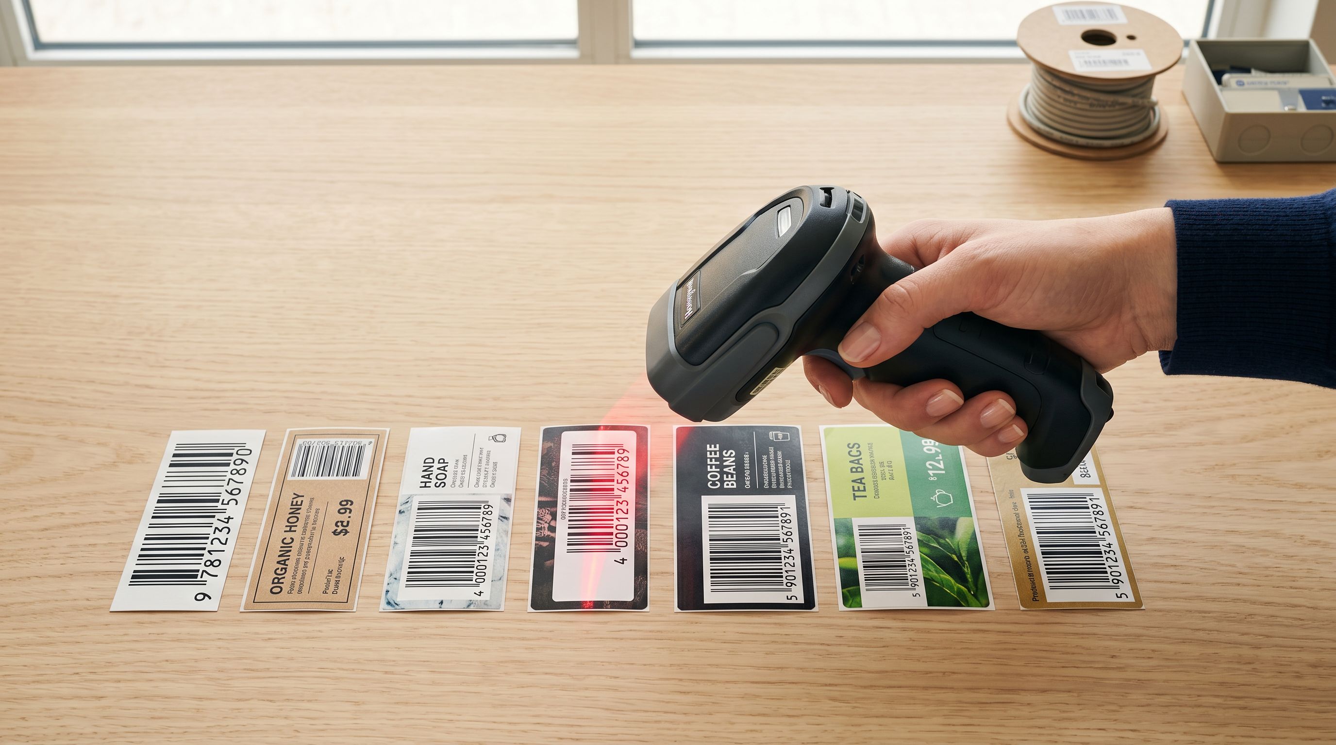 Handheld barcode scanner positioned above printed barcode labels during validation.