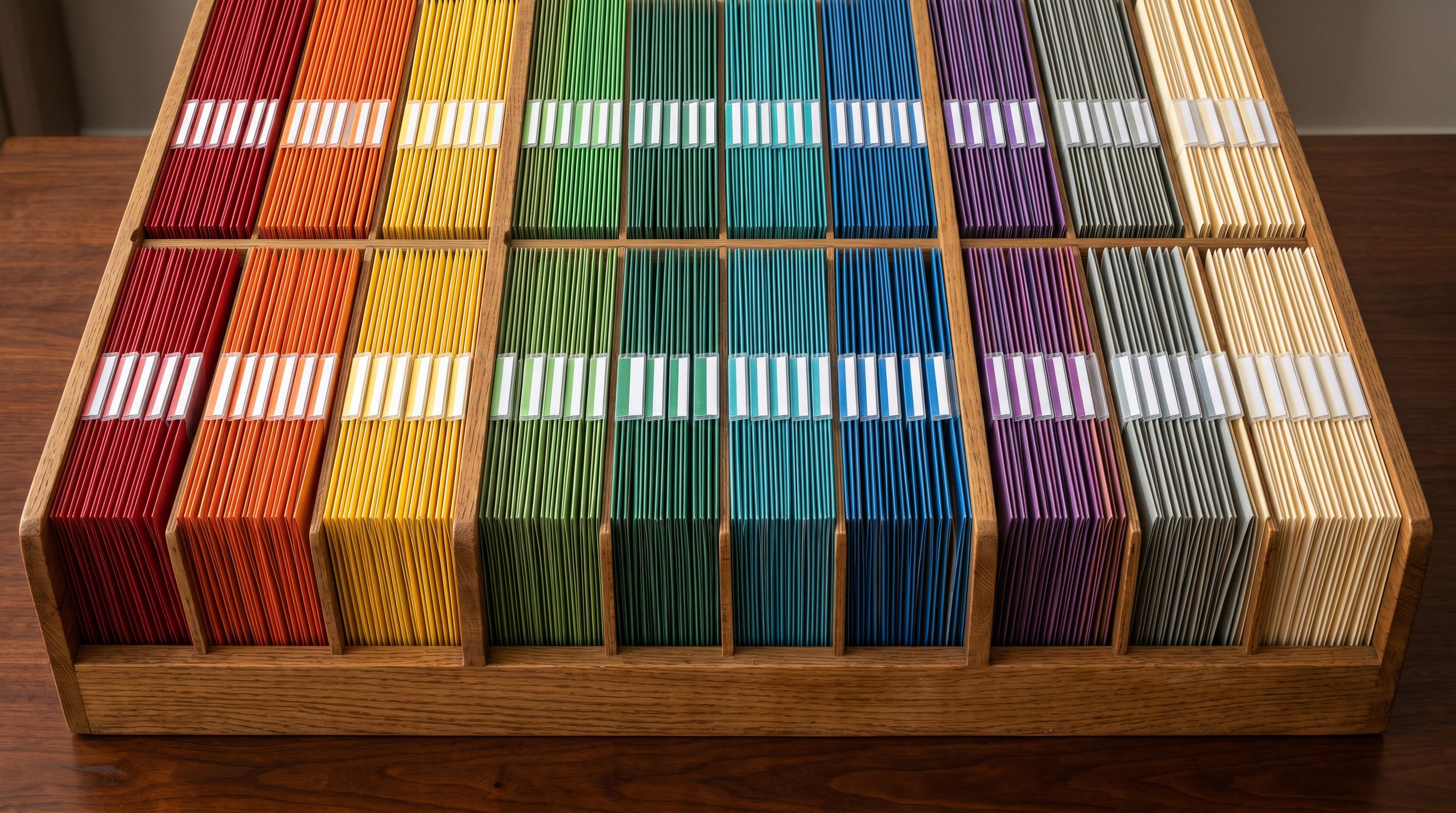 Colour-coded filing folders organised in a systematic categorical arrangement.