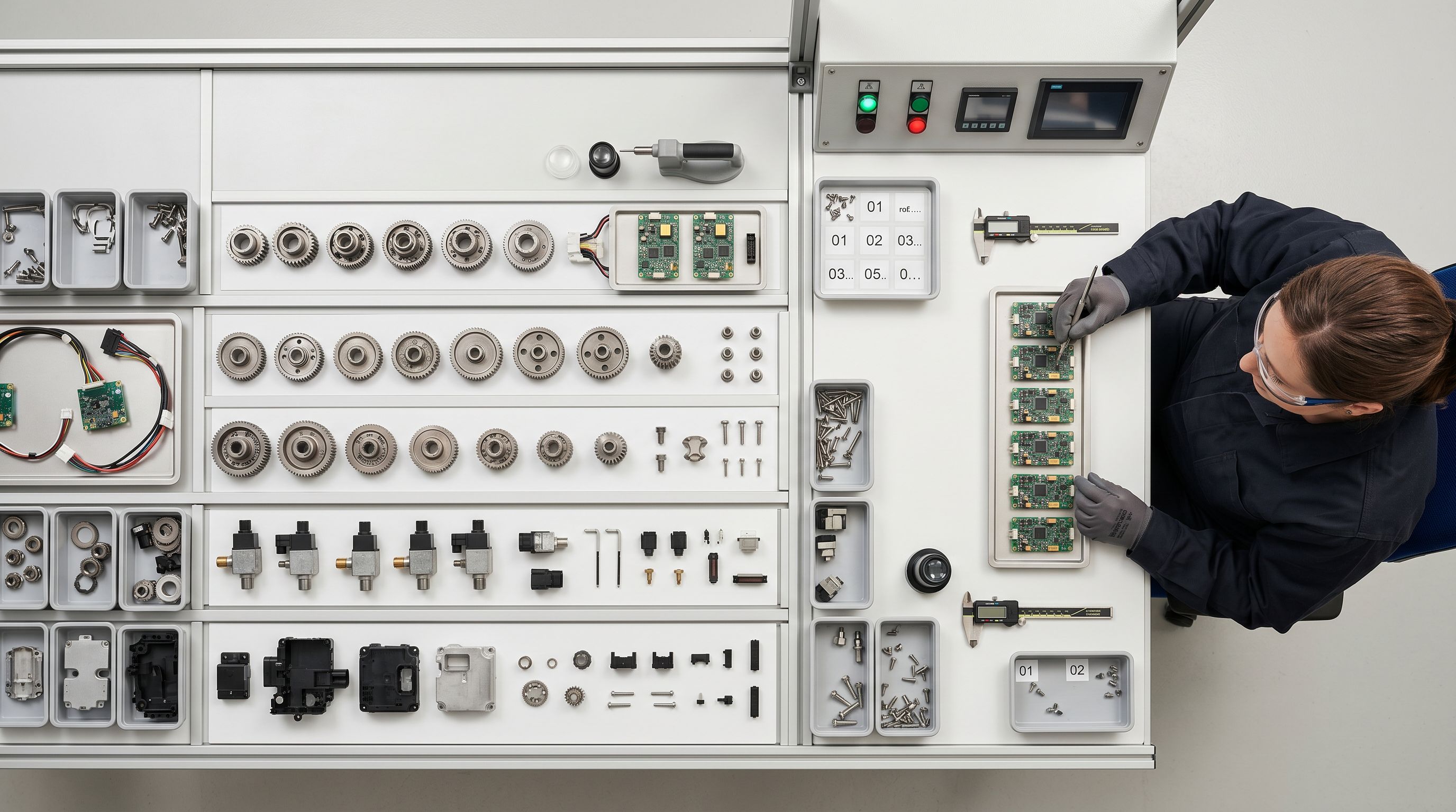 Product components laid out in a sequential quality control inspection line.