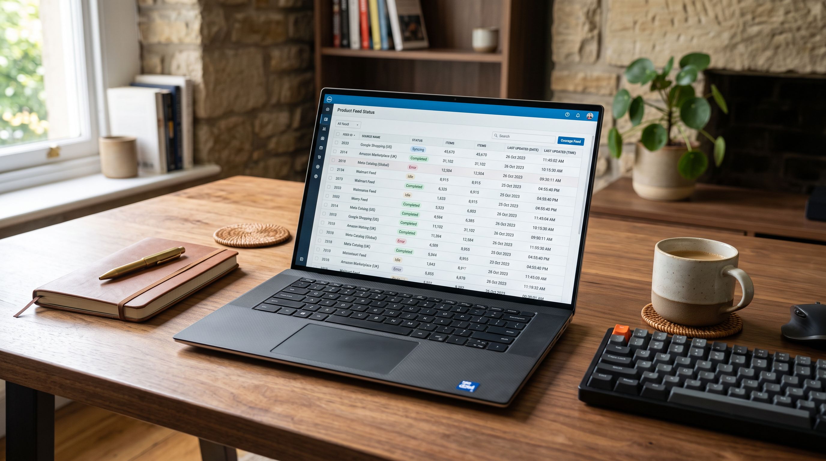 A laptop on a desk displaying a data management dashboard with product feed status rows and timestamp columns.