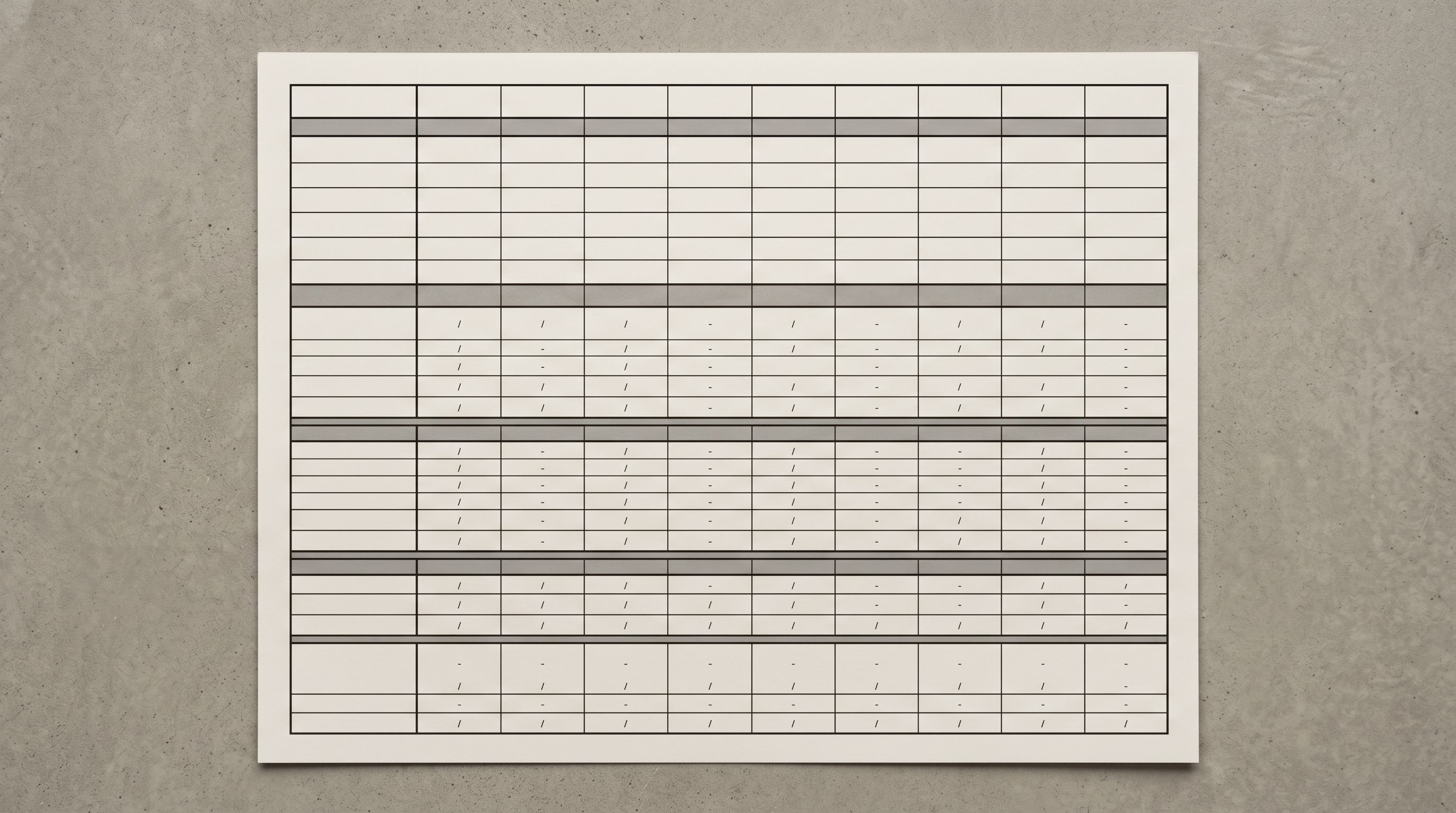 Printed product specification sheet showing a structured data grid for product information fields.