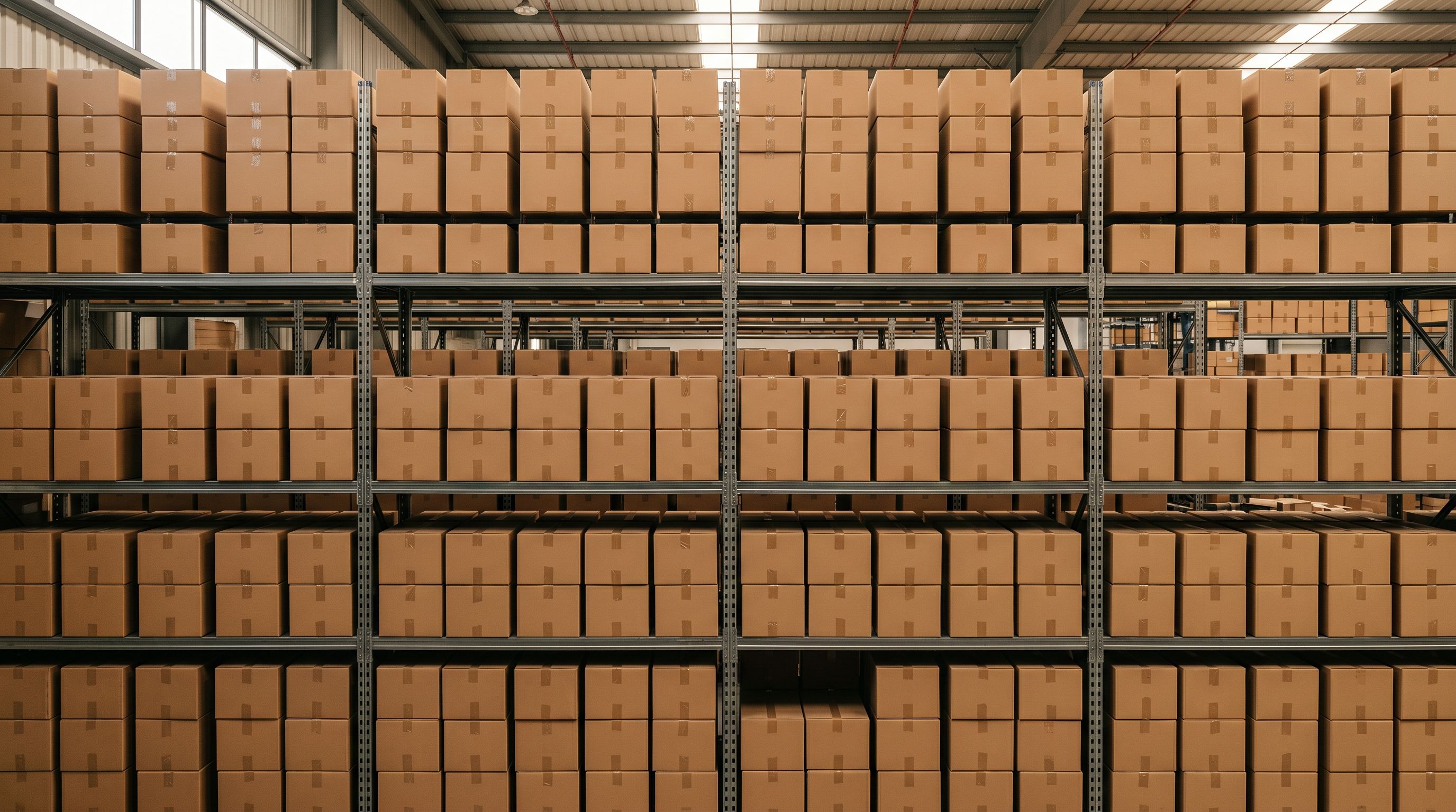 Rows of identical cardboard boxes on warehouse shelving representing a large supplier product catalogue.