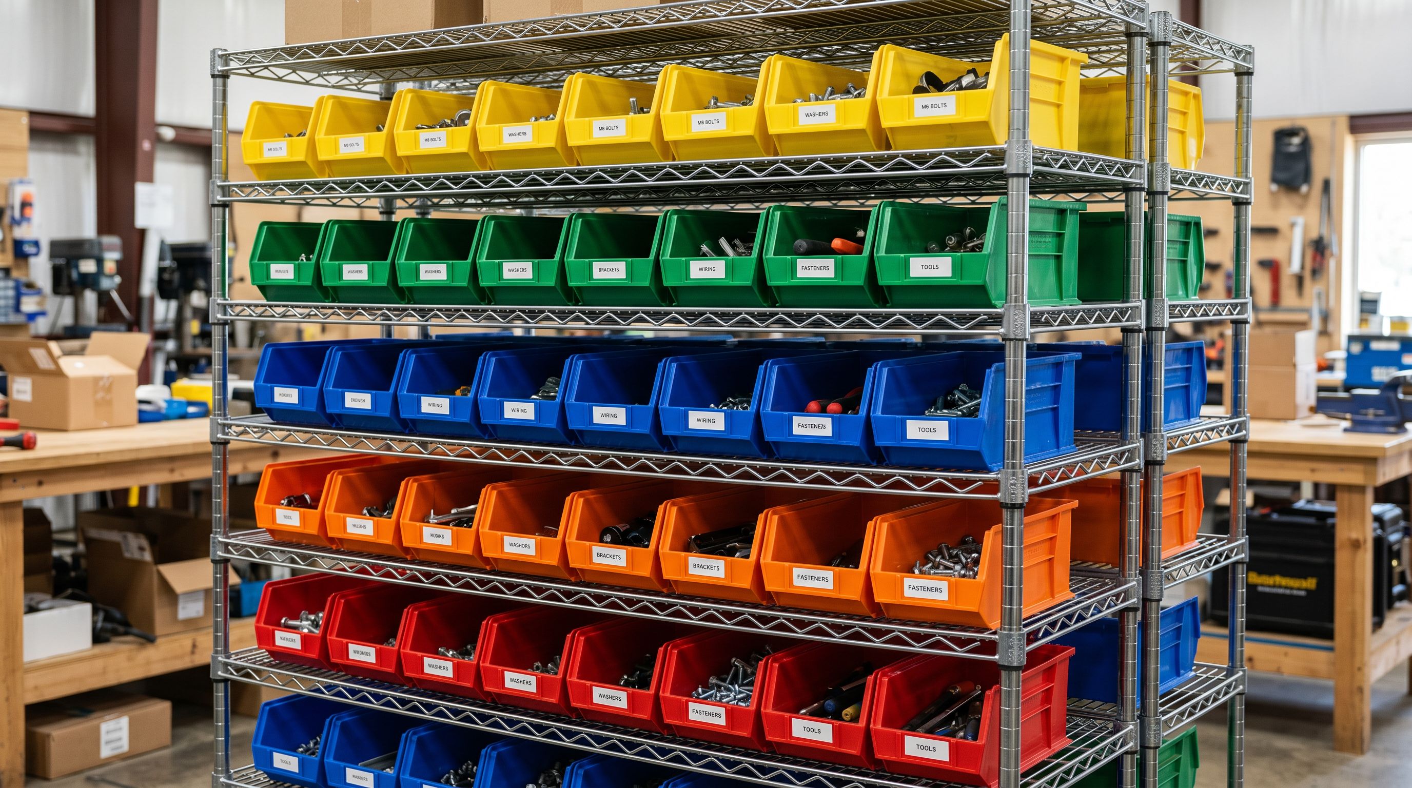 Colour-coded storage bins arranged in a systematic grid representing taxonomy-aligned product categorisation.