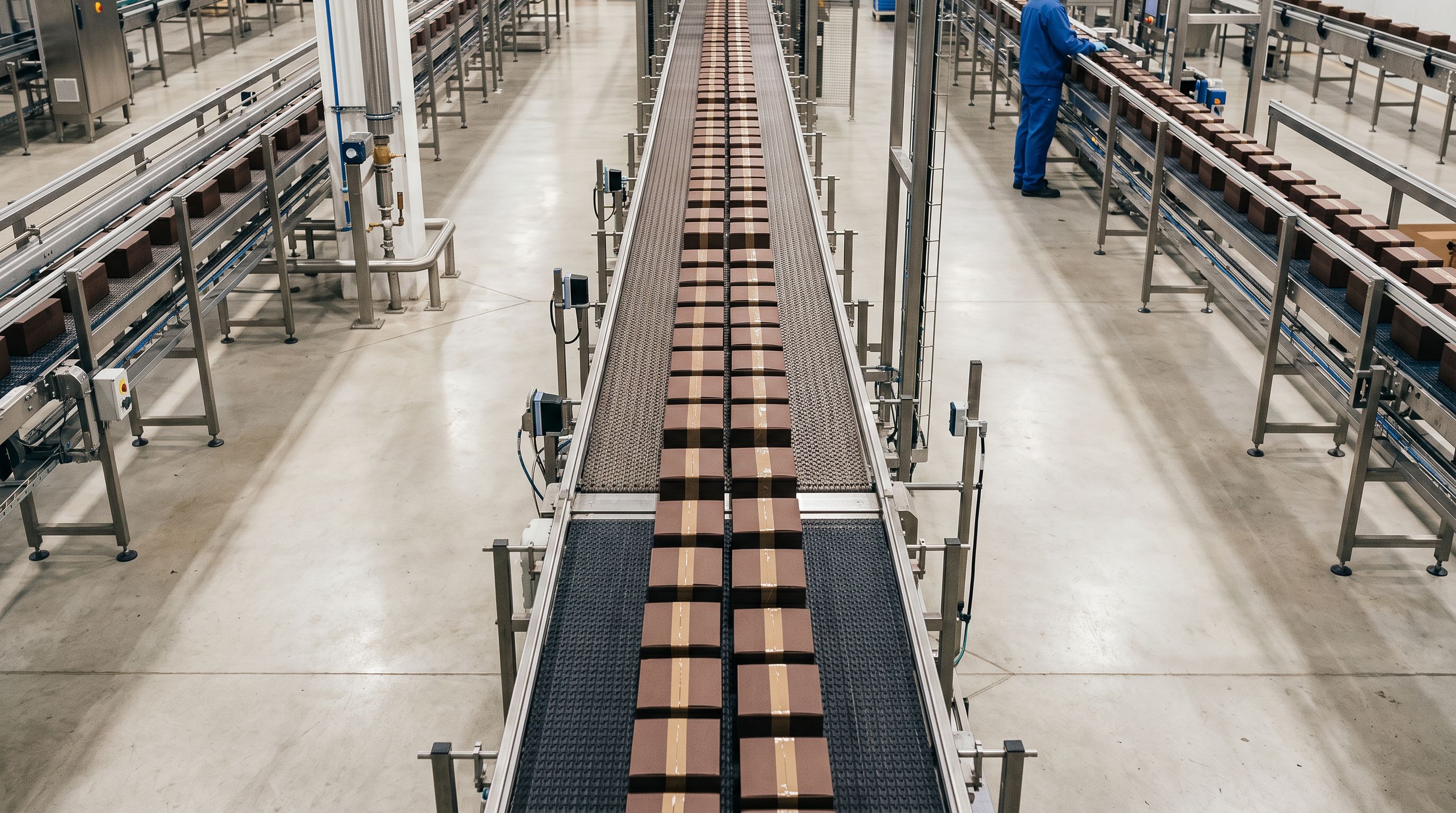 Industrial conveyor belt photographed from above showing sequential product processing stages.