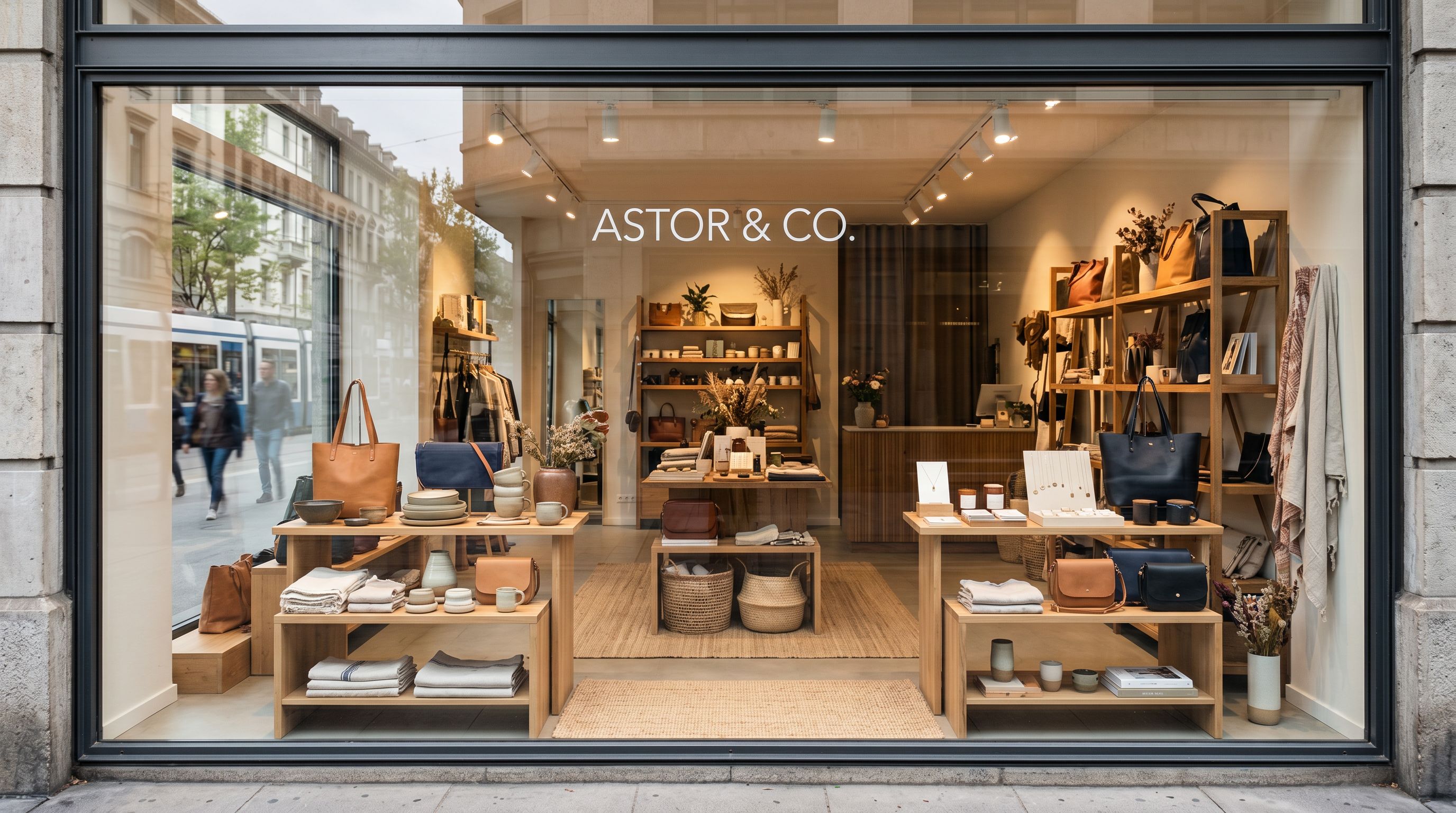 Retail boutique store window display showing merchandise attractively arranged and visible from the street.