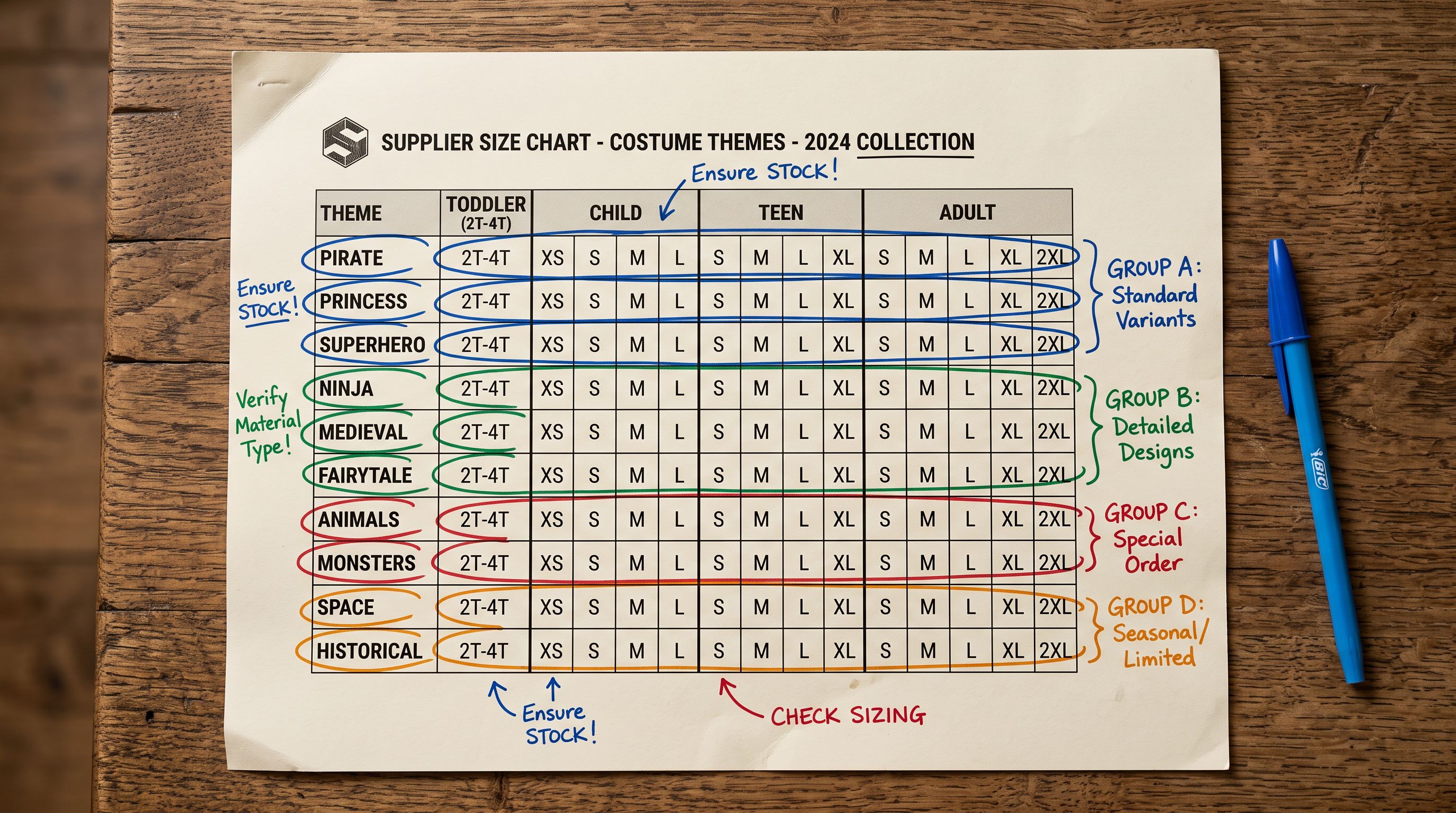 Printed supplier catalogue page showing costume size category rows for toddler, child, teen, and adult, with colour-coded variant groupings across multiple costume themes.