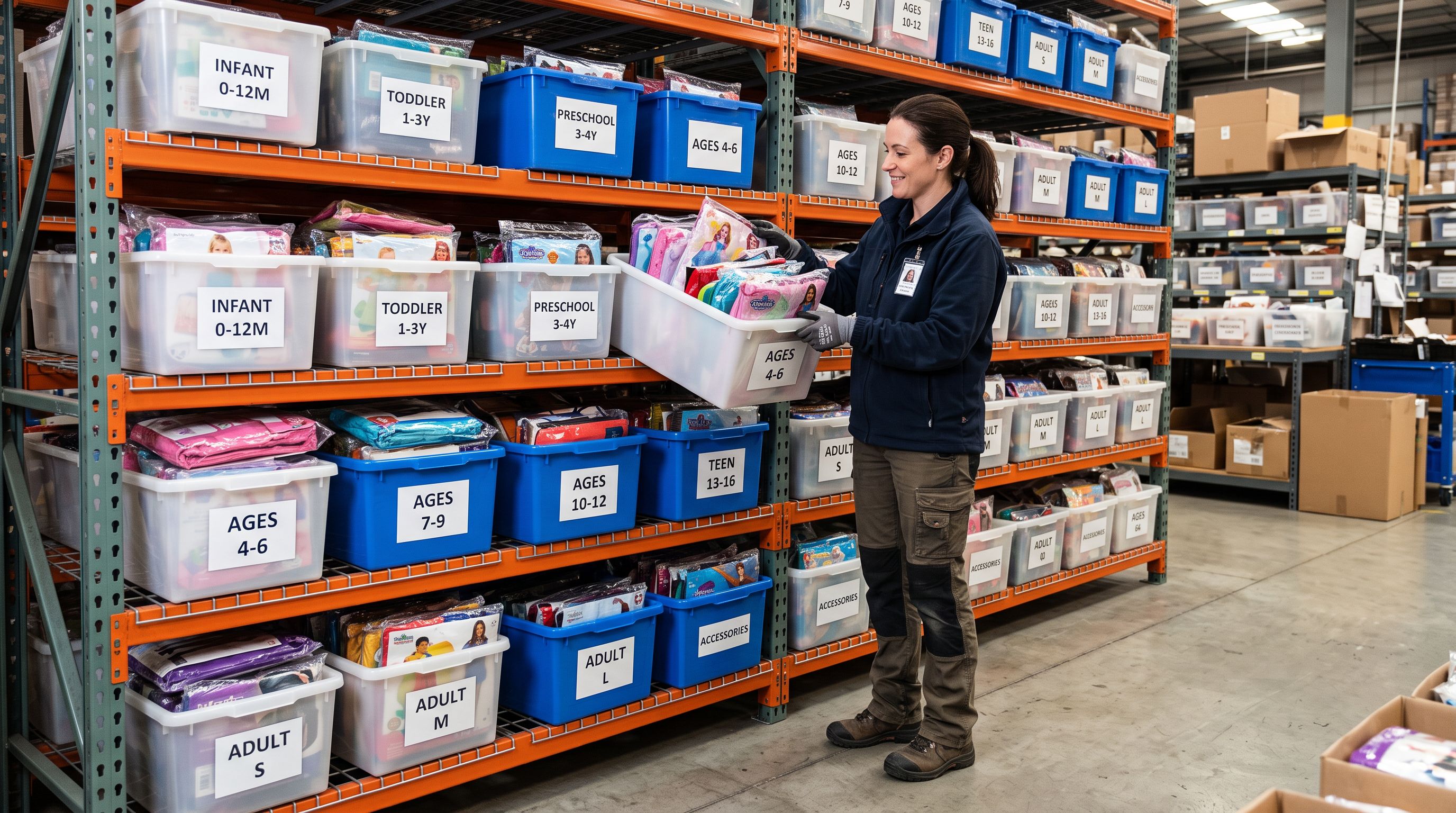 Warehouse worker standing beside age-bracket labelled storage bins, each holding neatly stacked folded costume packages in different sizes.