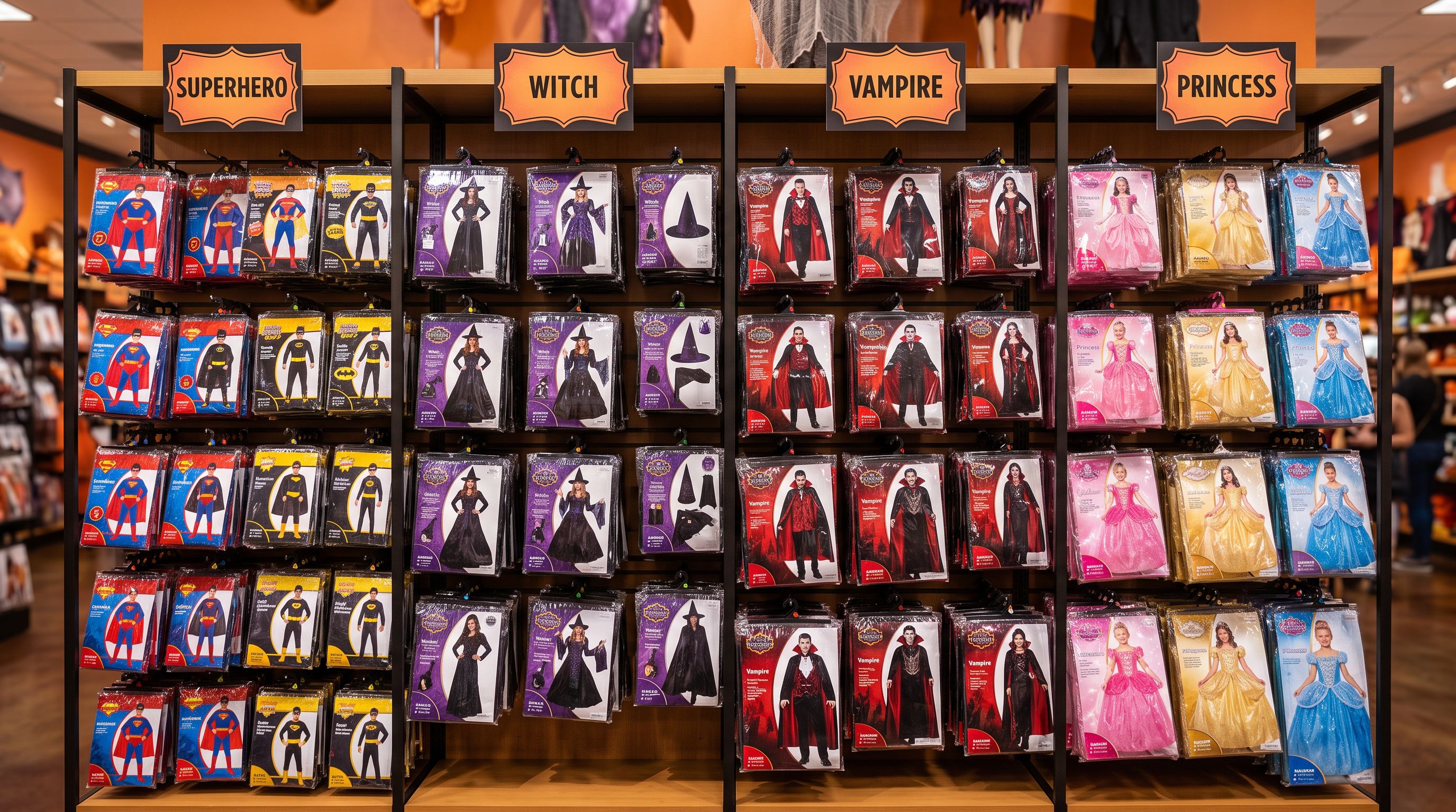 Halloween retail display wall with packaged costumes arranged in themed sections for superhero, witch, vampire, and princess, each section separated by a visible shelf divider.