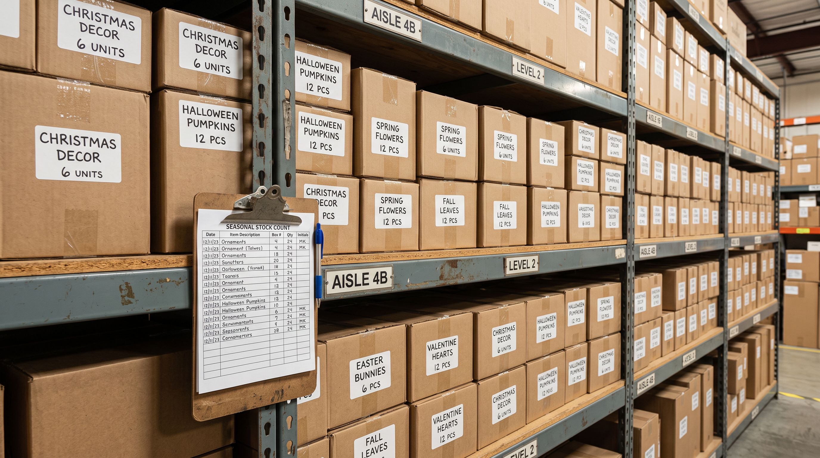 Organised stockroom shelving with seasonal costume boxes arranged in a grid, each shelf bearing a quantity tally sheet on a clipboard.