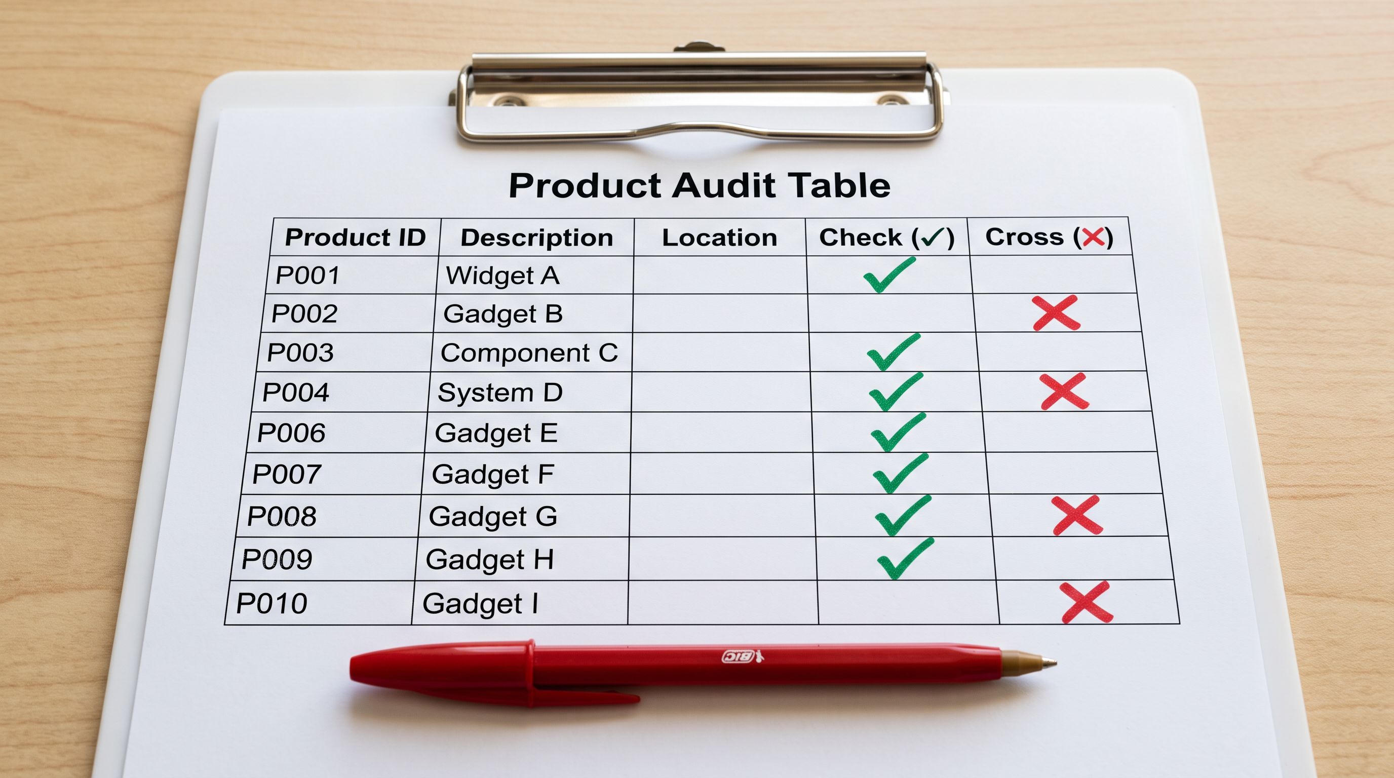 A printed four-column audit table on a clipboard showing a sample of twelve products with green checkmarks and red crosses in separate columns for alt text status, meta description status, and SEO title status, a red pen resting across the bottom.