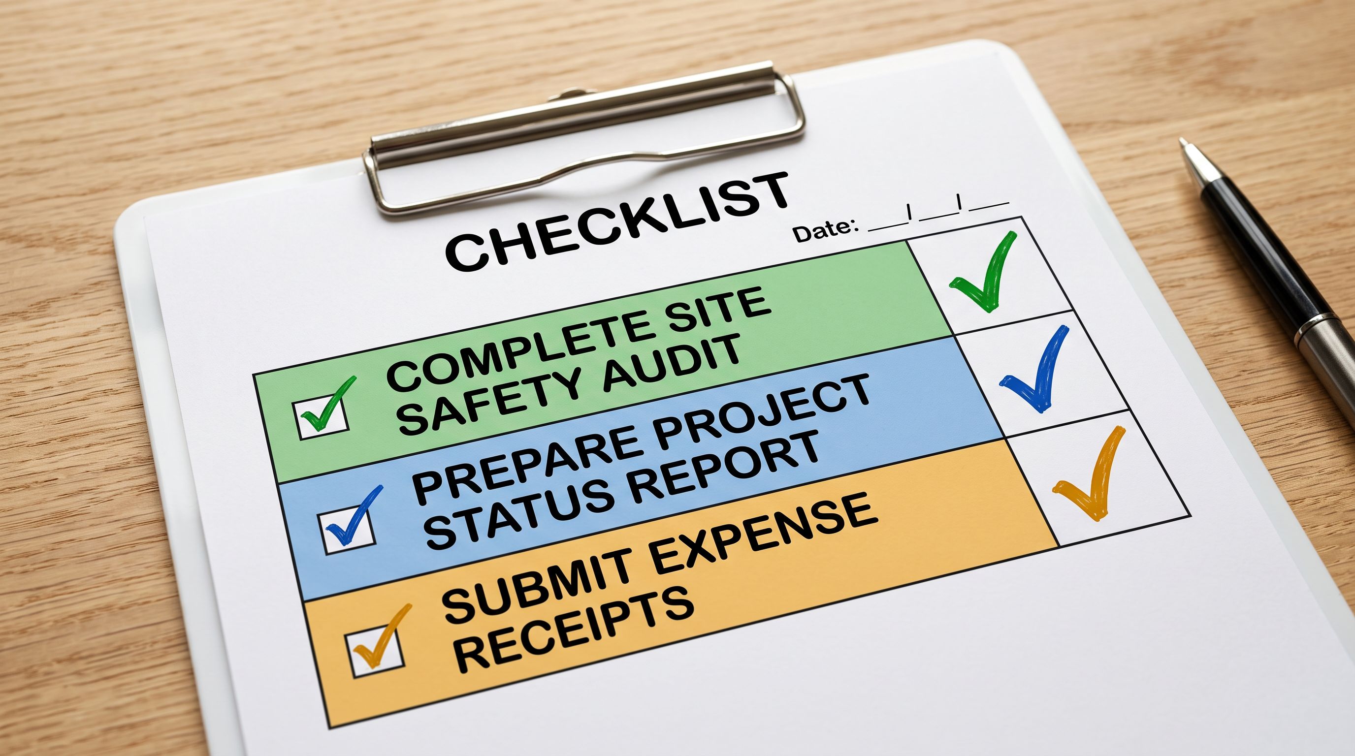 A printed three-column checklist on a white clipboard with rows for image alt text, meta description, and SEO title, each row showing a filled-in example value and a green checkmark under natural studio lighting.