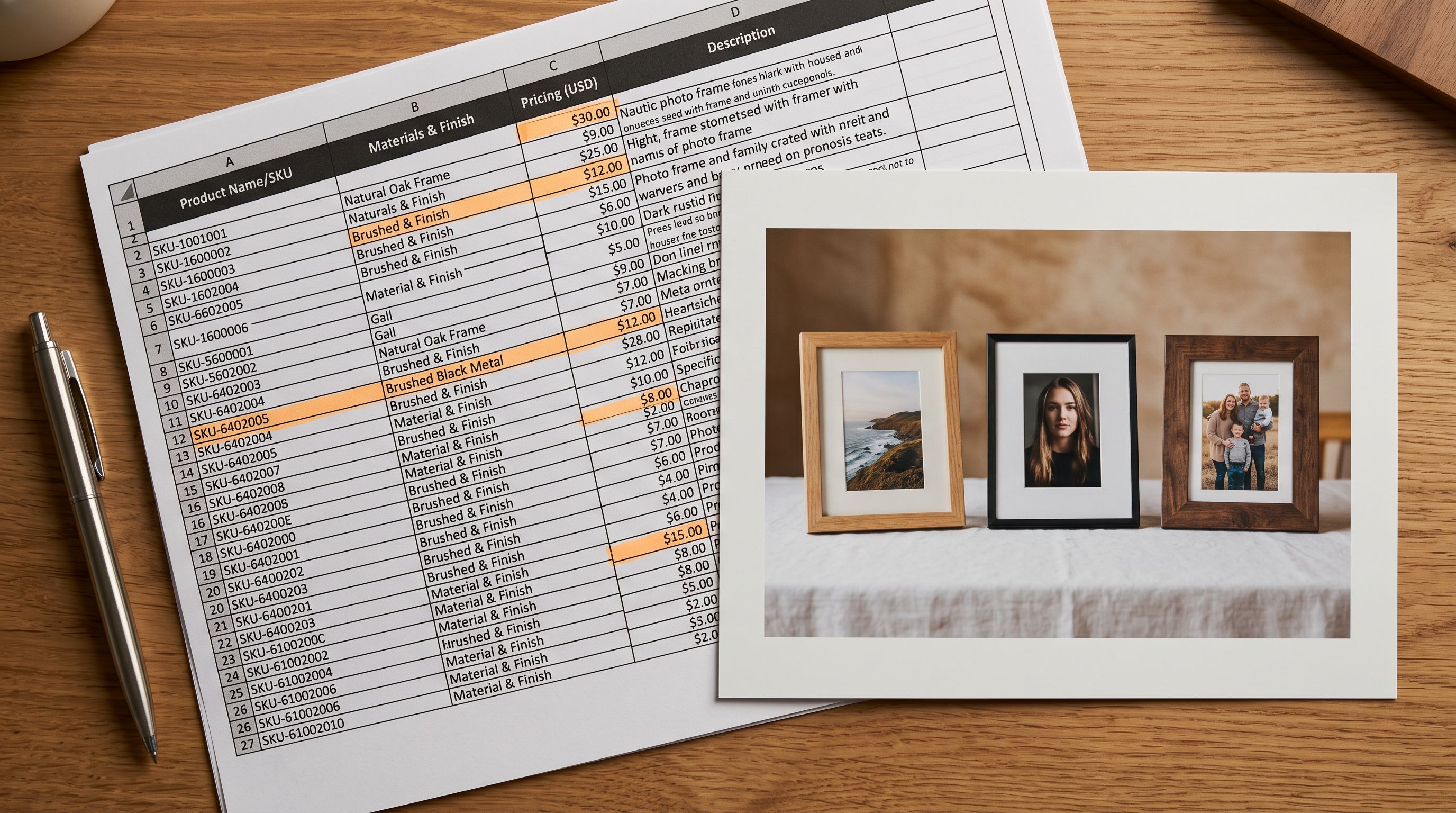 A printed supplier product catalogue spreadsheet on a desk with three image URL columns highlighted, beside a product card showing three imported product images arranged in a gallery.