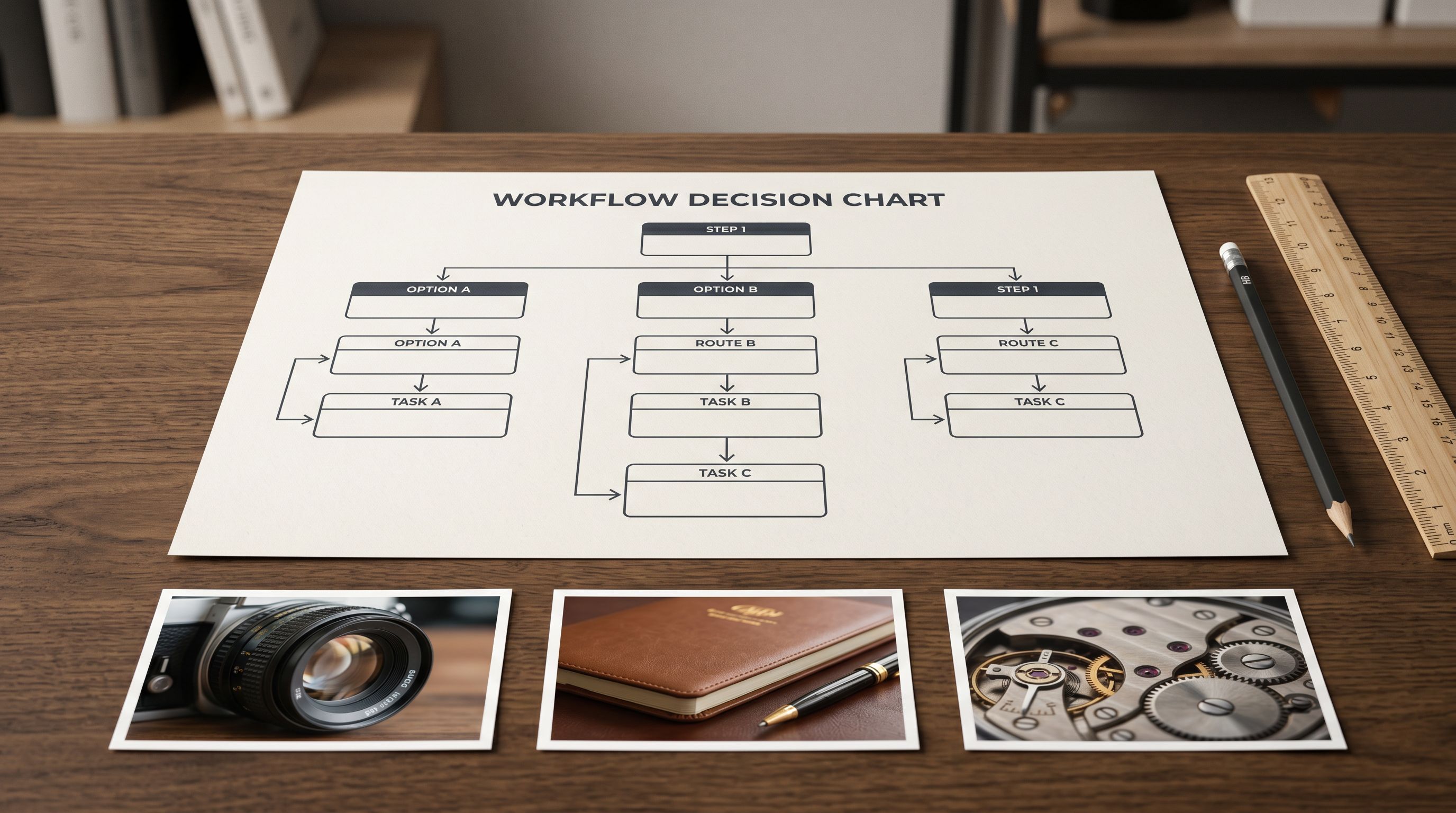 A printed decision flowchart on a desk showing three branches labelled CSV URLs, Dropbox Folders, and Google Drive Folders, each with routing conditions and a recommended outcome for each image source type.