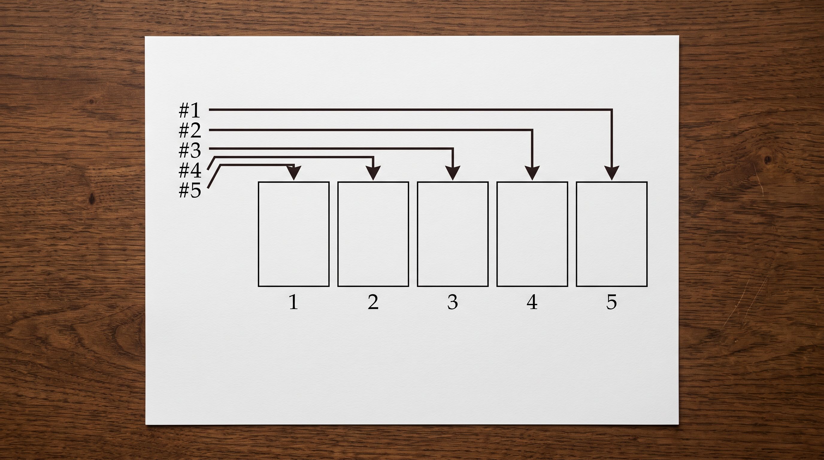 A printed product gallery position diagram on a desk showing five numbered image slots with arrows from a column mapping list indicating which CSV column maps to each gallery position in order.