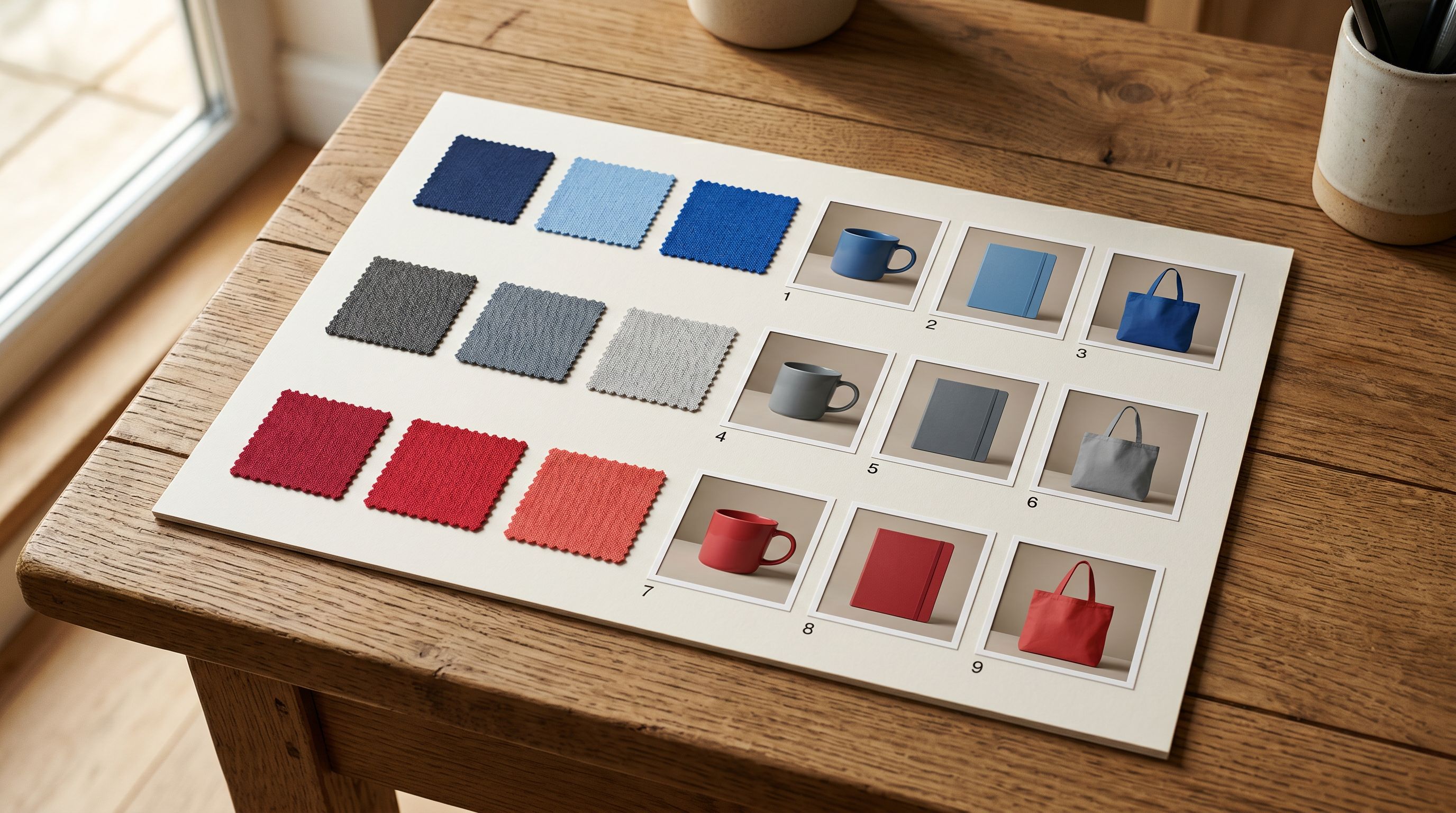 Printed product variant image reference sheet on a desk showing three colour variant swatches with corresponding product images numbered and arranged in gallery position order.