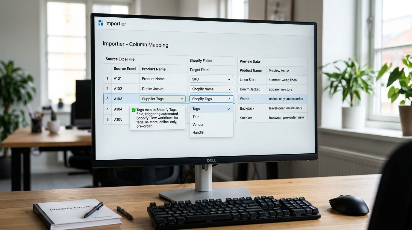 An Importier column mapping screen on a large monitor showing a Tags column from a supplier Excel file mapped to the Shopify Tags field, alongside a preview column showing different tag values per product row including in-store, online-only, and pre-order labels, representing how tags configured in the import template trigger Shopify Flow rules automatically when products are created, everything in sharp focus no blur no depth of field, colour photography.