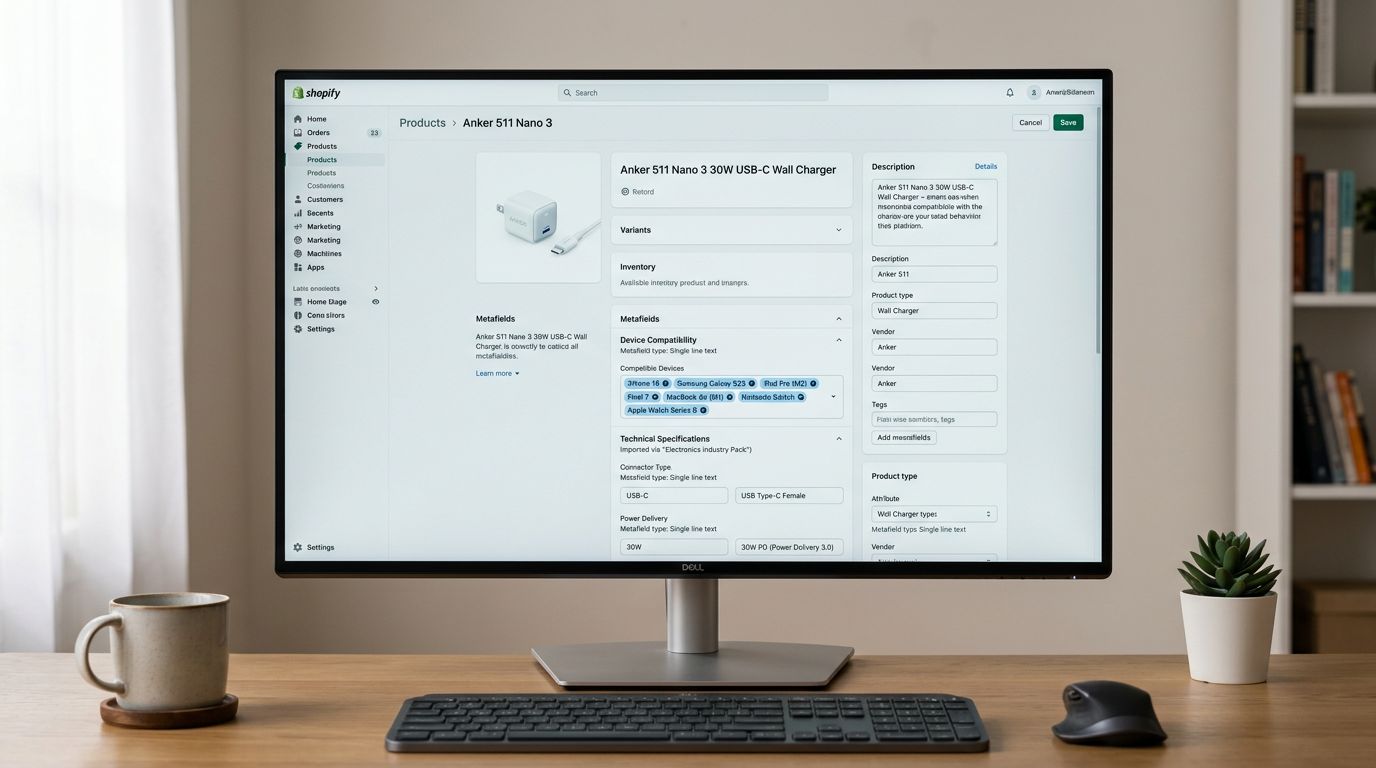 A Shopify admin product record on a large monitor showing an electronics accessories product page with the Metafields section expanded and populated with compatibility data including a Compatible Devices attribute with multiple device names displayed as pill values, and a Technical Specifications section with connector type and power delivery attributes, all populated from the Electronics Industry Pack applied during the import run, everything in sharp focus no blur no depth of field, colour photography.