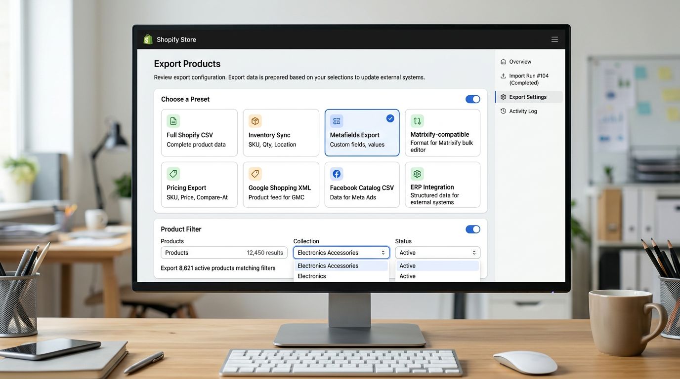 A Shopify-style export settings panel on a large monitor showing eight export preset cards including Full Shopify CSV, Metafields, Pricing, and Matrixify-compatible format with a collection filter dropdown set to Electronics Accessories and a status filter showing Active products selected, representing the export configuration that sends structured product data back to external systems after an import run, everything in sharp focus no blur no depth of field, colour photography.