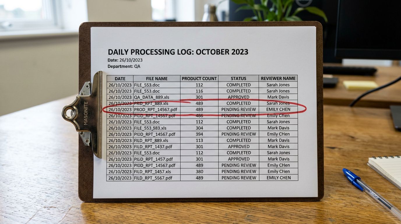 A wooden filing cabinet with one drawer open, revealing hanging folders labelled by date in printed tabs, each folder holding a stack of import log printouts, sharp focus, colour photography.