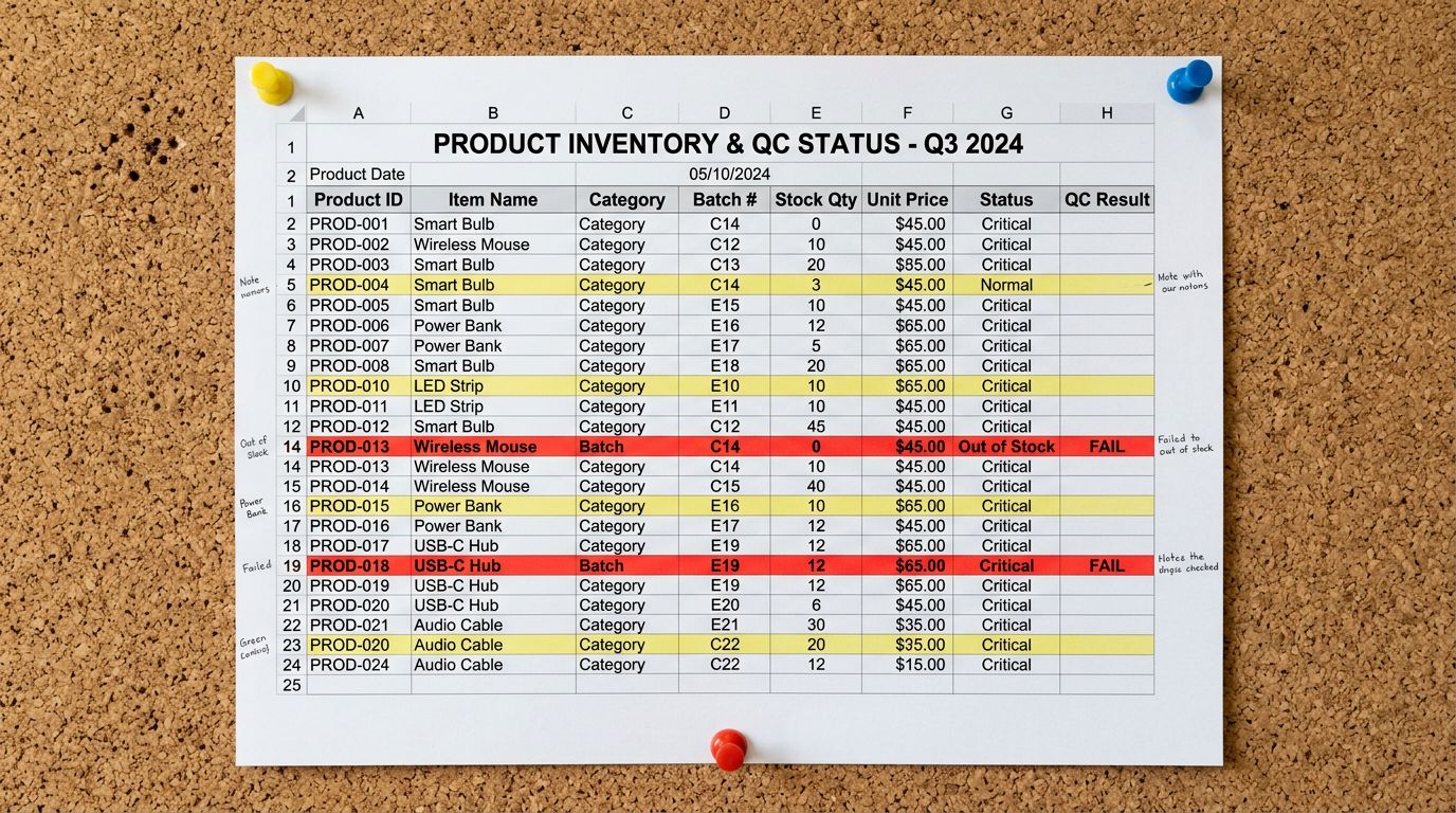 A printed spreadsheet on a clipboard placed on a plain surface, columns showing date, file name, product count, and status indicators, with some rows ticked and one row circled in red pen, sharp focus, colour photography.