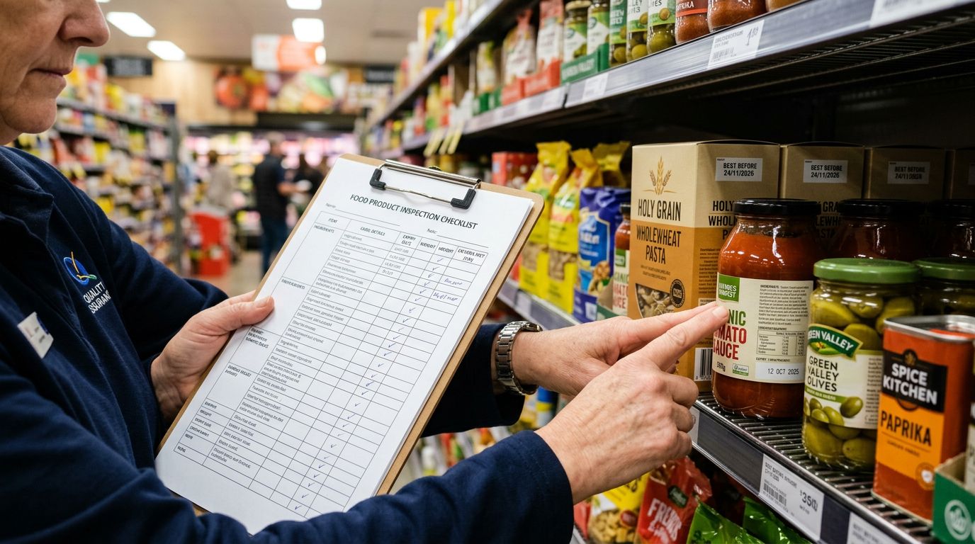 Rows of food products on a retail shelf, a person's hand holding a printed label inspection form with tick boxes, several items checked off, sharp focus on both the form and the shelf, colour photography.