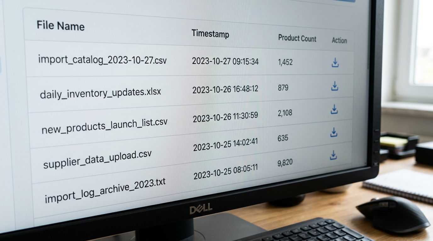 A monitor screen showing a timestamped data table of product import entries, each row listing a file name, date, and product count with a download icon at the end of each row, sharp focus, colour photography.