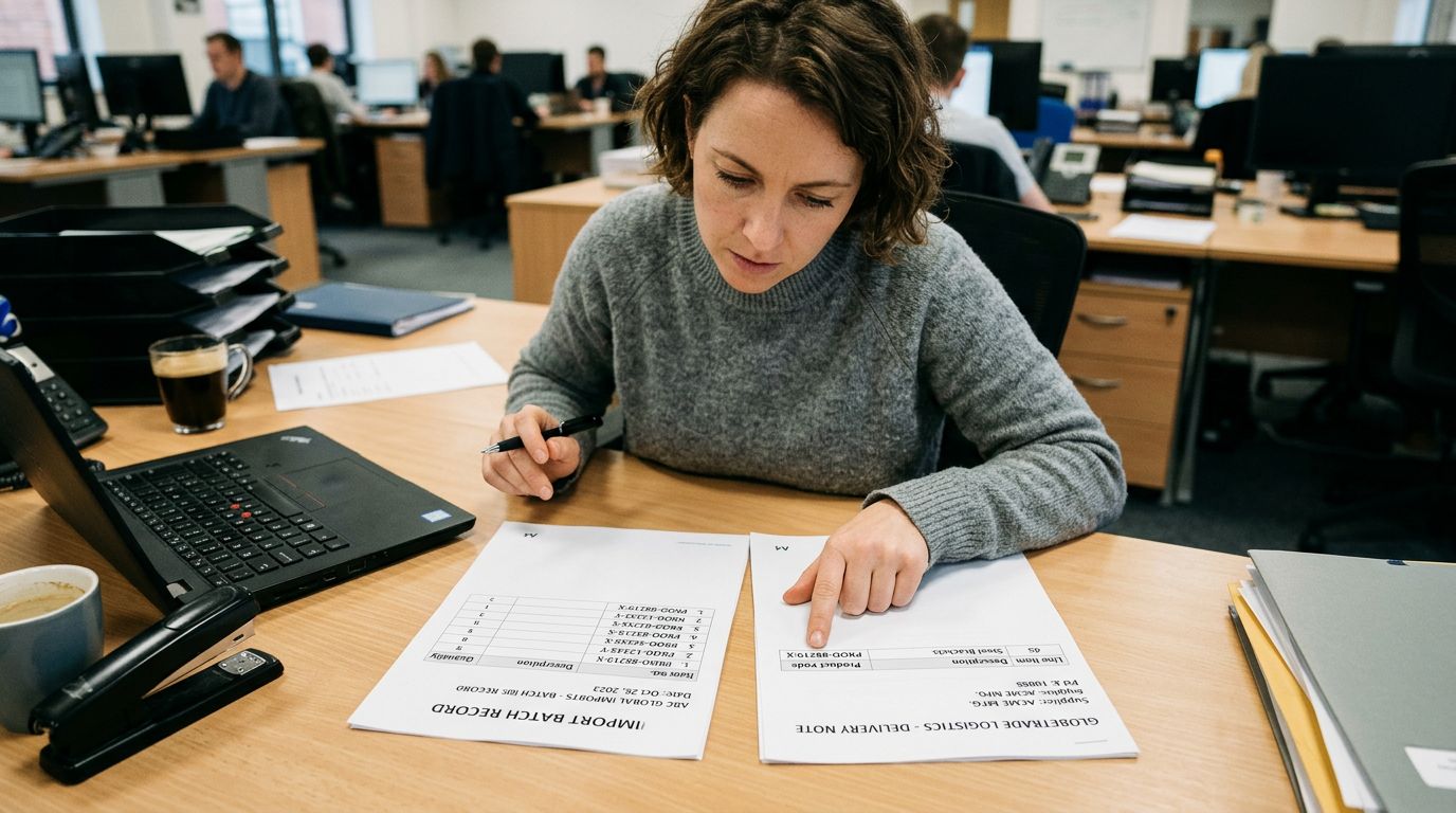 A person at a desk reviewing a printed import batch record alongside a supplier delivery note, comparing product codes on each document, sharp focus, colour photography.