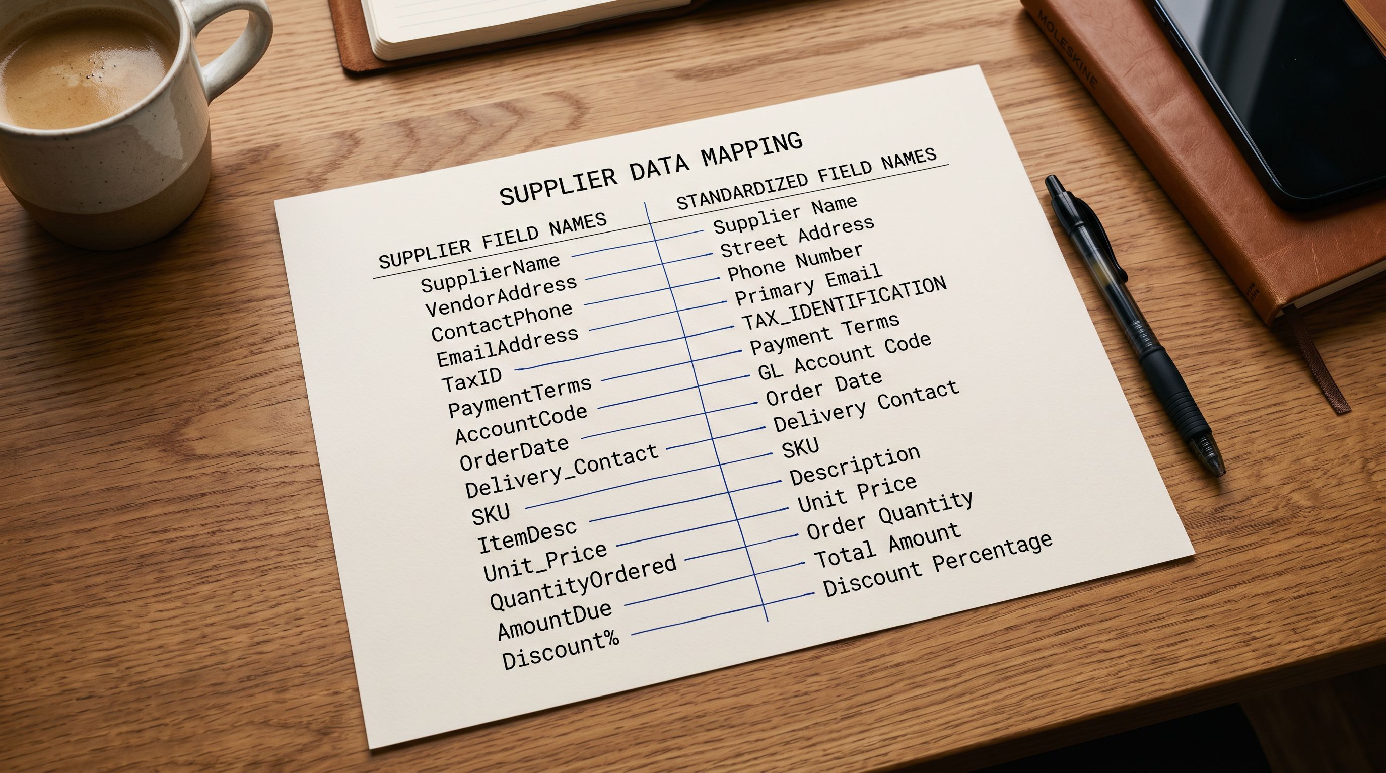 Printed supplier column name reference sheet on a desk showing two columns: common supplier field names on the left and their corresponding Shopify field names on the right, with alignment lines connecting each pair.