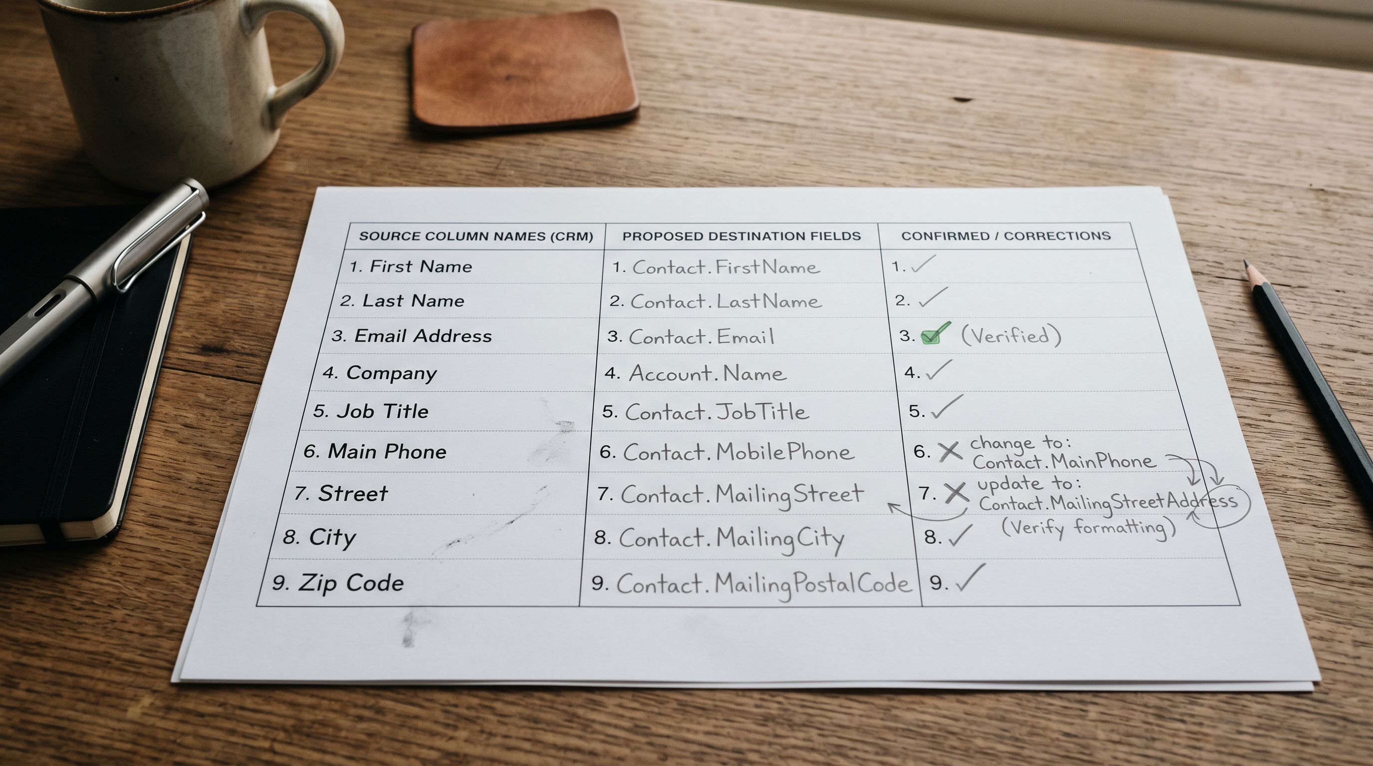 Printed column mapping review worksheet on a desk showing three columns: source column name on the left, proposed Shopify field in the middle, and a confirmed or overridden field on the right, with tick marks and correction annotations visible.