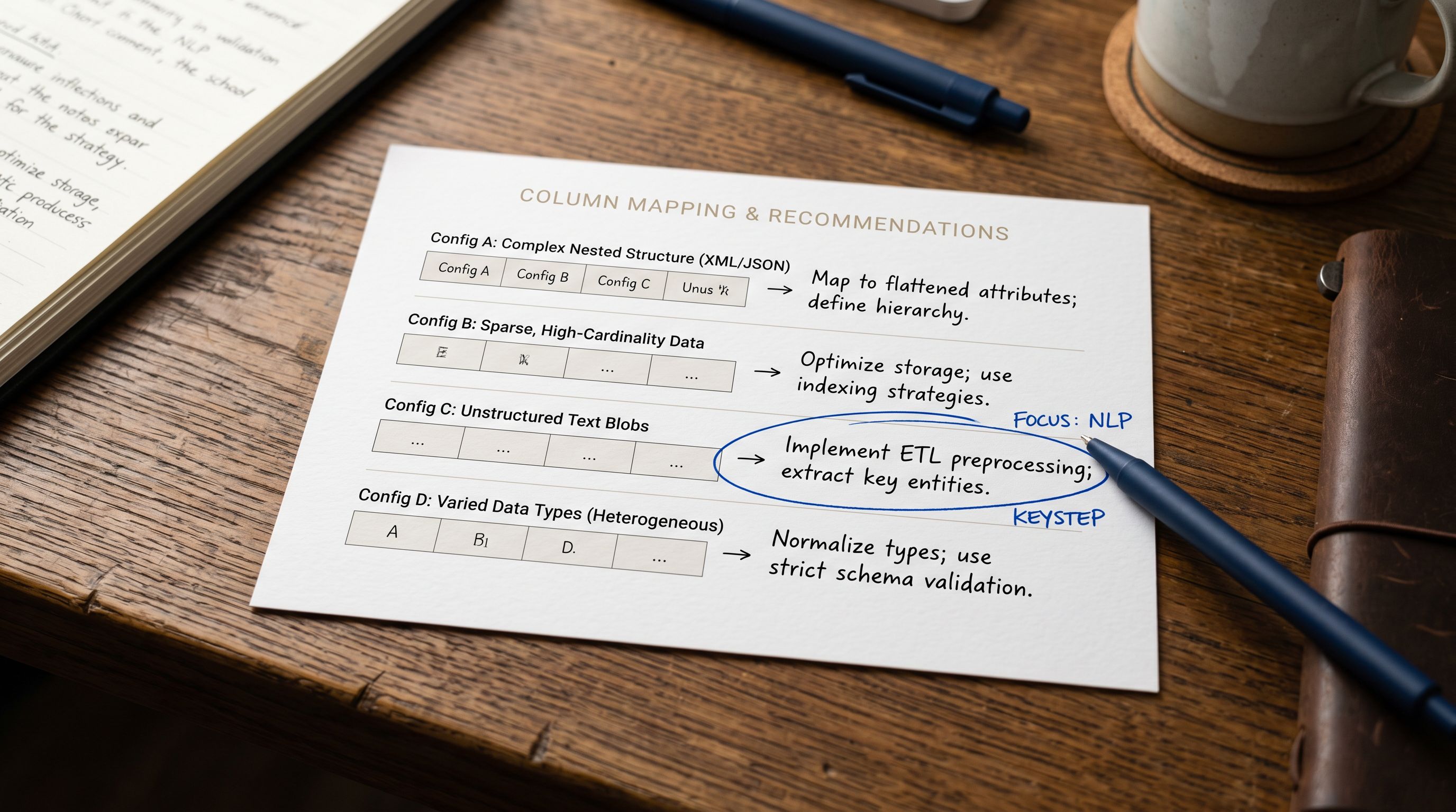 Printed edge case reference card on a desk showing four rows of unusual supplier column configurations with the recommended Shopify field mapping written beside each scenario, and a pen circling a multi-language column example.