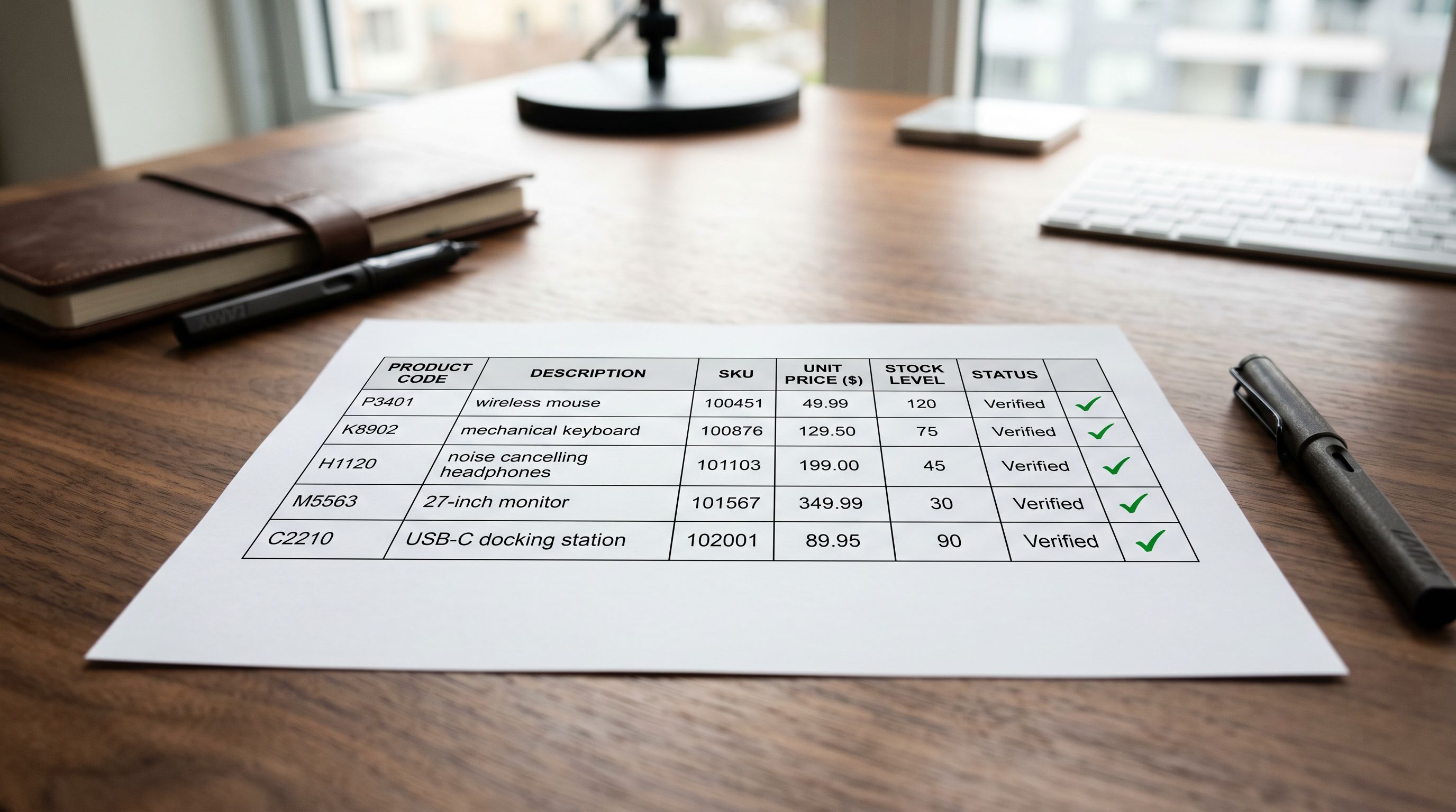 Printed import preview worksheet on a desk showing five rows of sample product data with field names along the top and populated values in each cell, with a green tick mark beside each row confirming the mapping is correct.