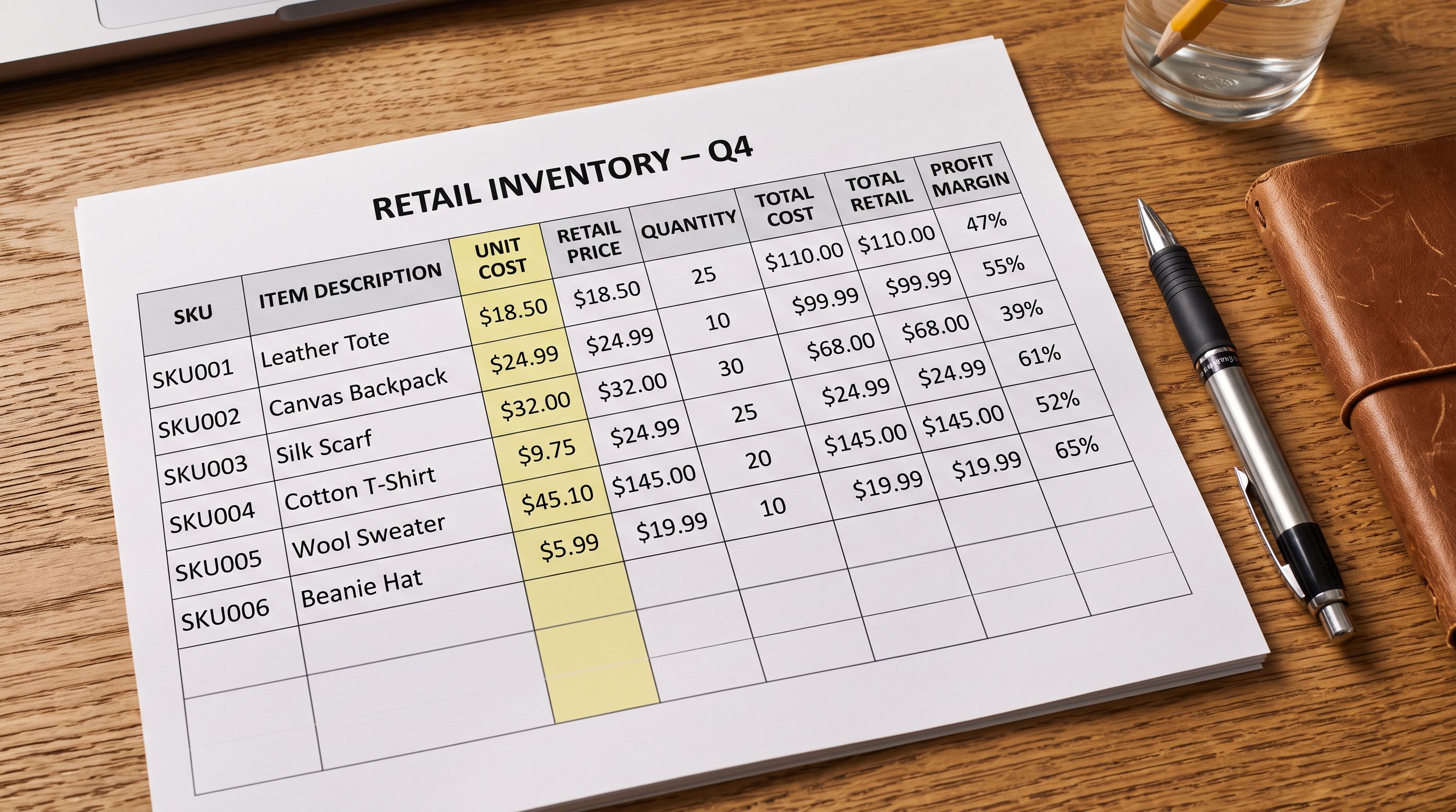 A printed retail inventory spreadsheet with a highlighted column for unit cost, beside a second sheet showing the calculated profit margin column, demonstrating how cost data feeds into margin calculations.