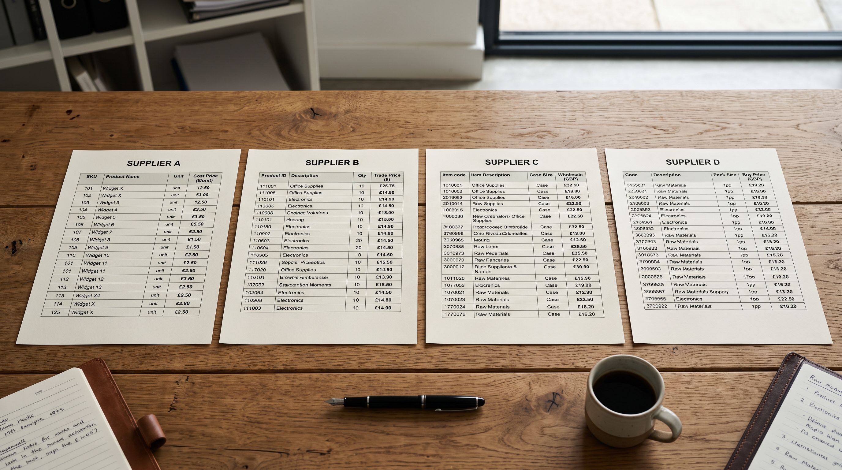 A collection of printed supplier price lists from different companies, each using different column header labels for the same cost field, some labelled Cost Price, others Trade Price, others Wholesale, demonstrating the naming inconsistency merchants encounter.