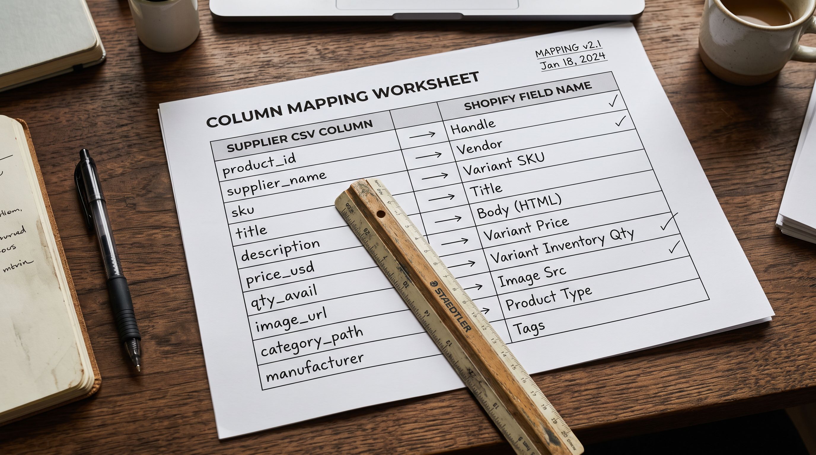 A printed import mapping worksheet on a desk showing a table with supplier column names on the left and Shopify field names on the right, with arrows connecting each supplier column to its corresponding Shopify field.