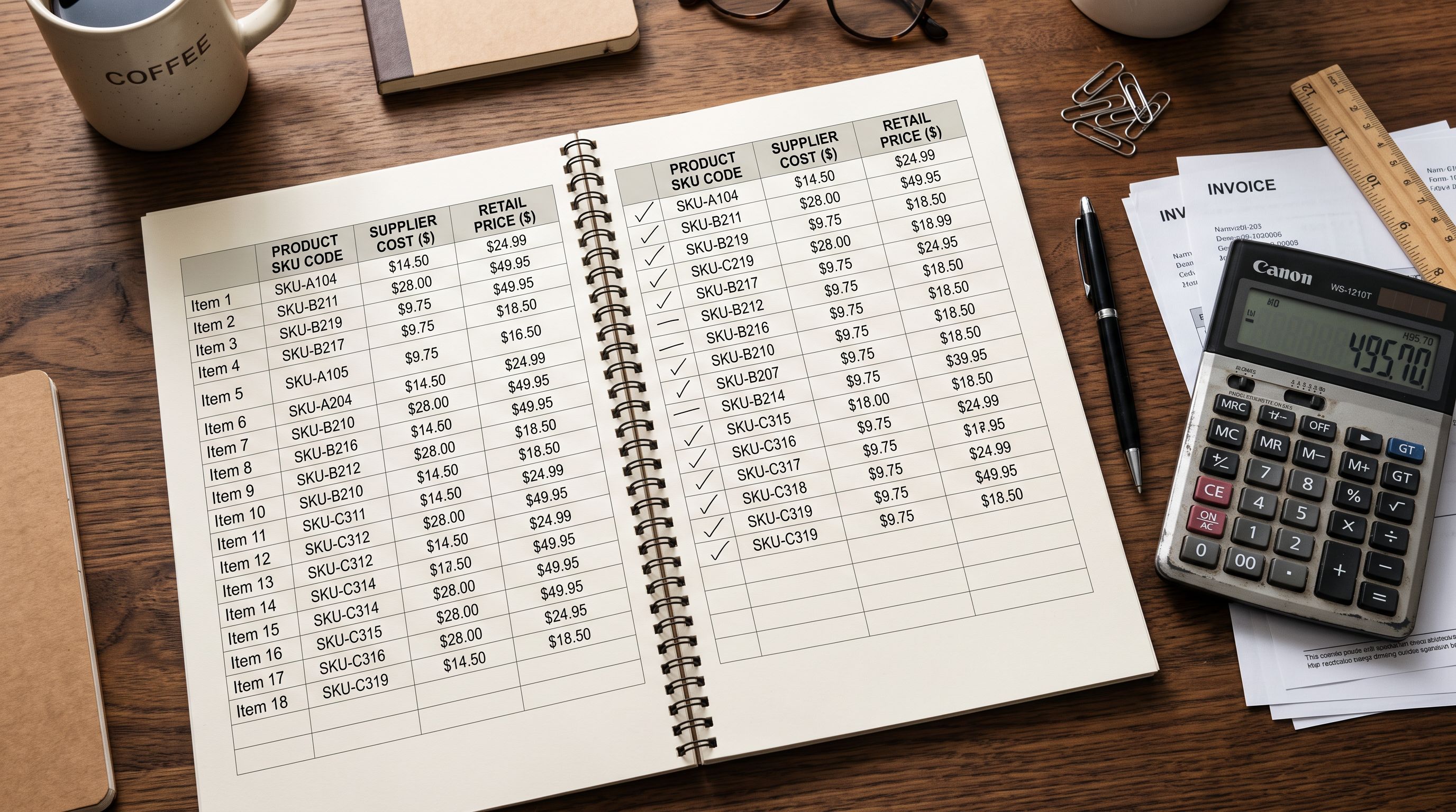 A merchant's desk with an open printed spreadsheet showing product SKU numbers in one column, supplier invoice cost figures in another column, and retail prices in a third column, with a calculator placed beside the sheet.