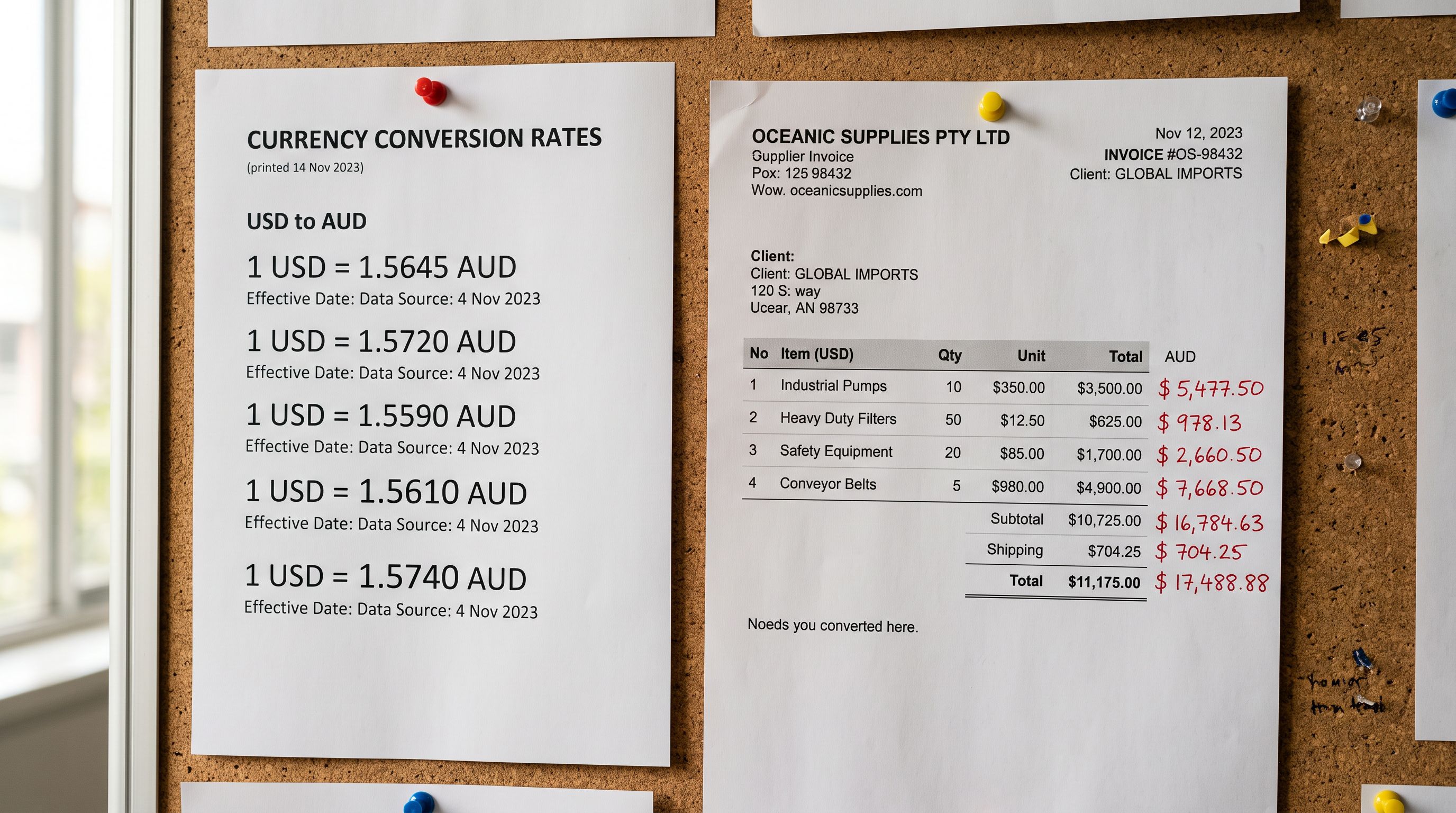 A printed currency conversion rate table pinned to a noticeboard beside a supplier invoice showing prices in US dollars, with handwritten AUD converted amounts written beside each line item.