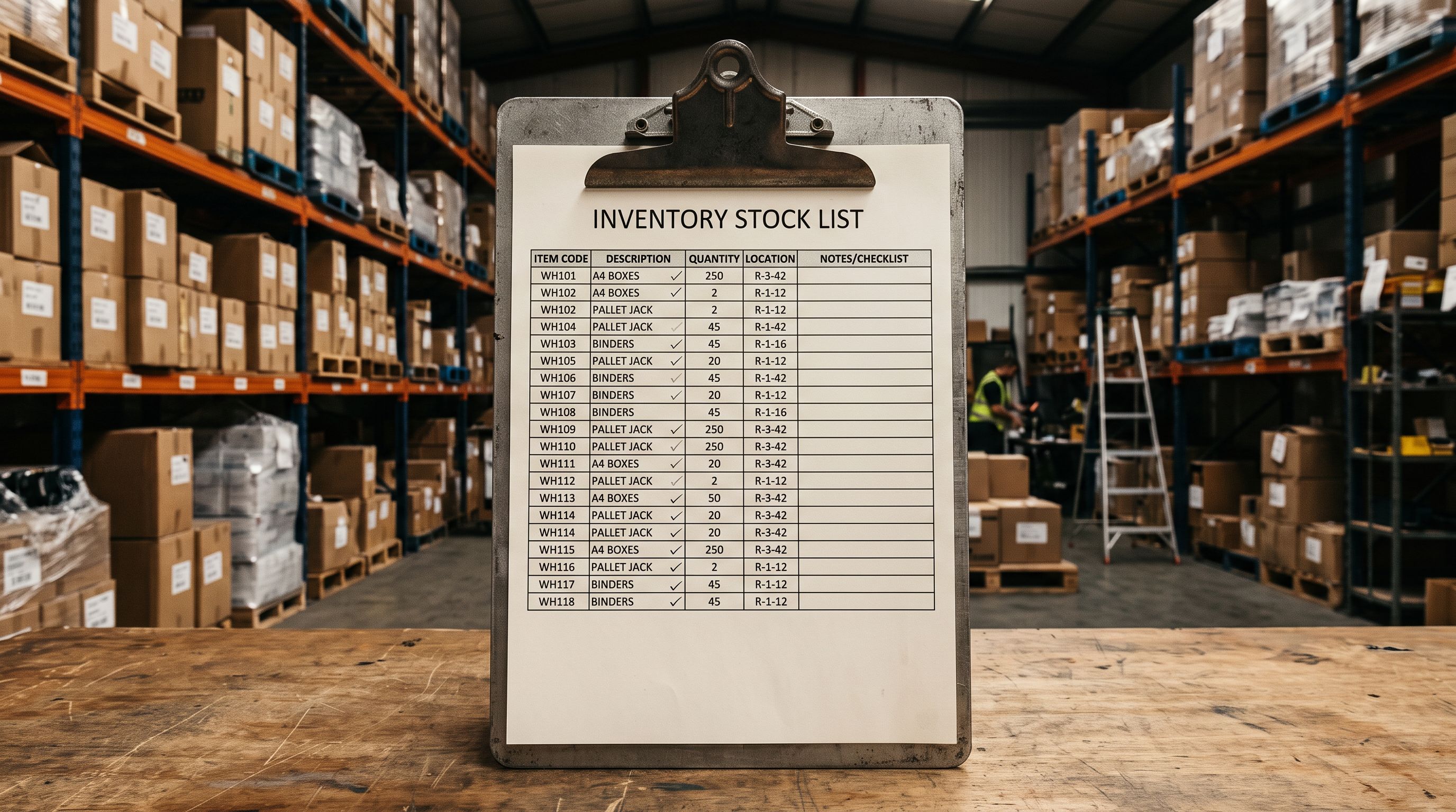Printed warehouse inventory stock list on metal clipboard with blank empty cells in the right Notes column