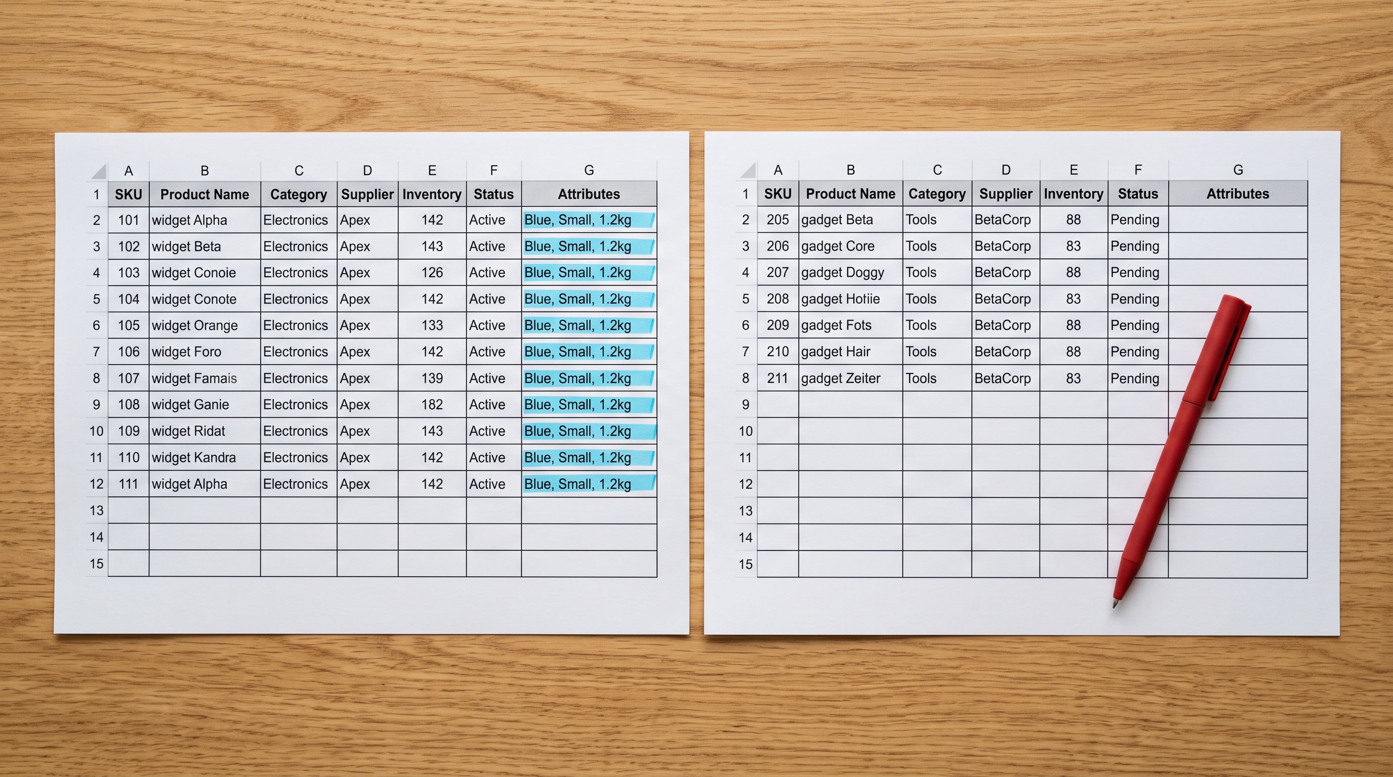 Two printed spreadsheet pages side by side with complete data on the left and blank attribute columns on the right
