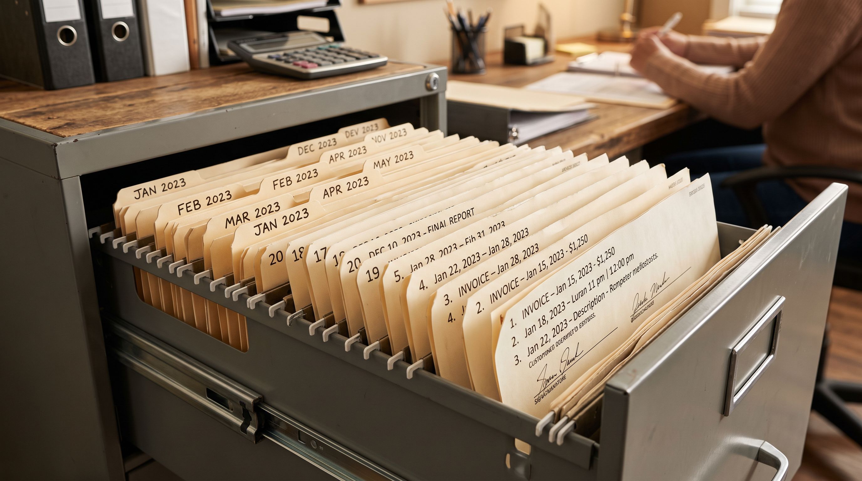 Open filing cabinet drawer showing twenty numbered manila folders fanned out in chronological sequence