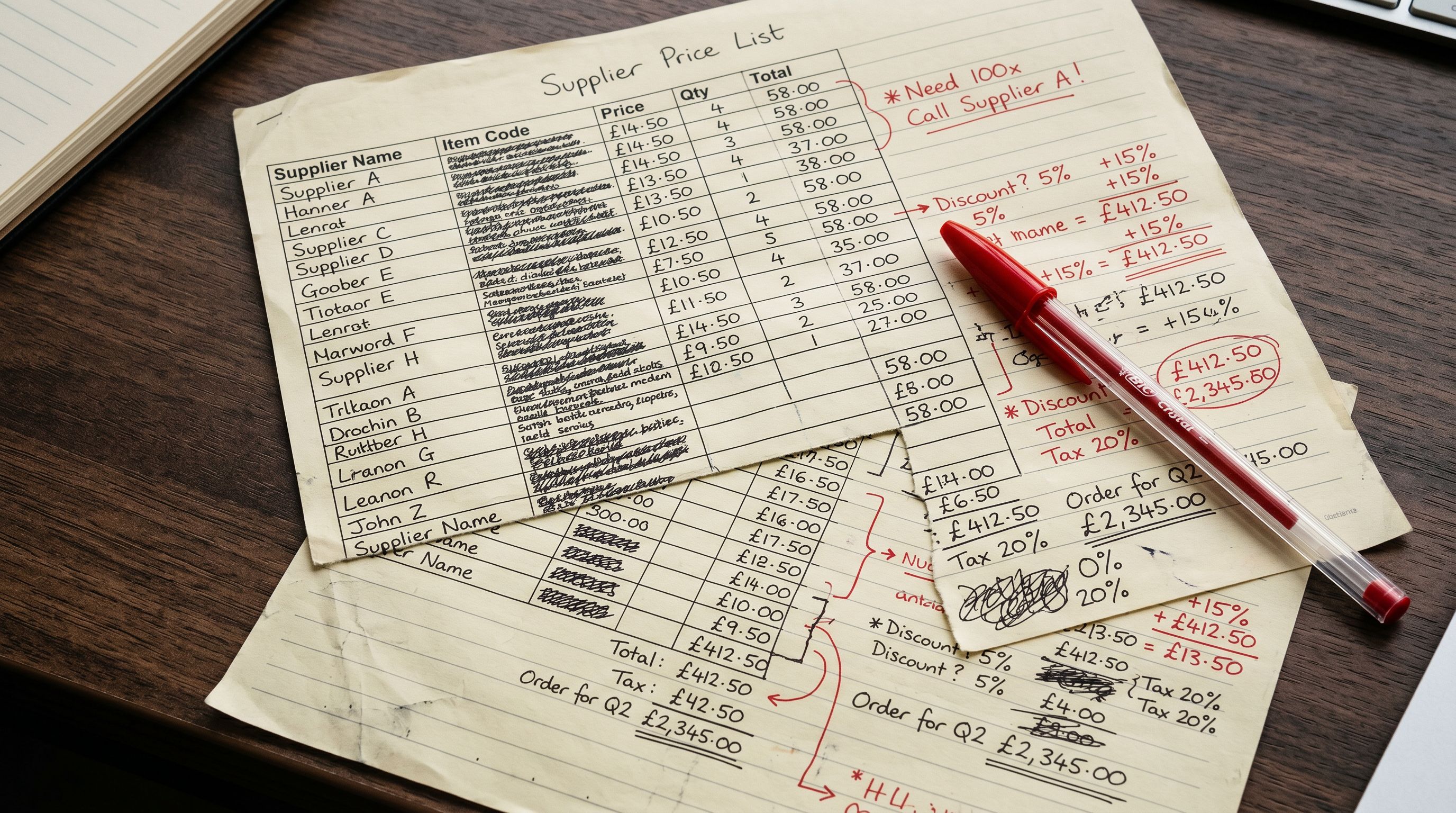 Printed supplier price list with handwritten currency calculations and a red pen.