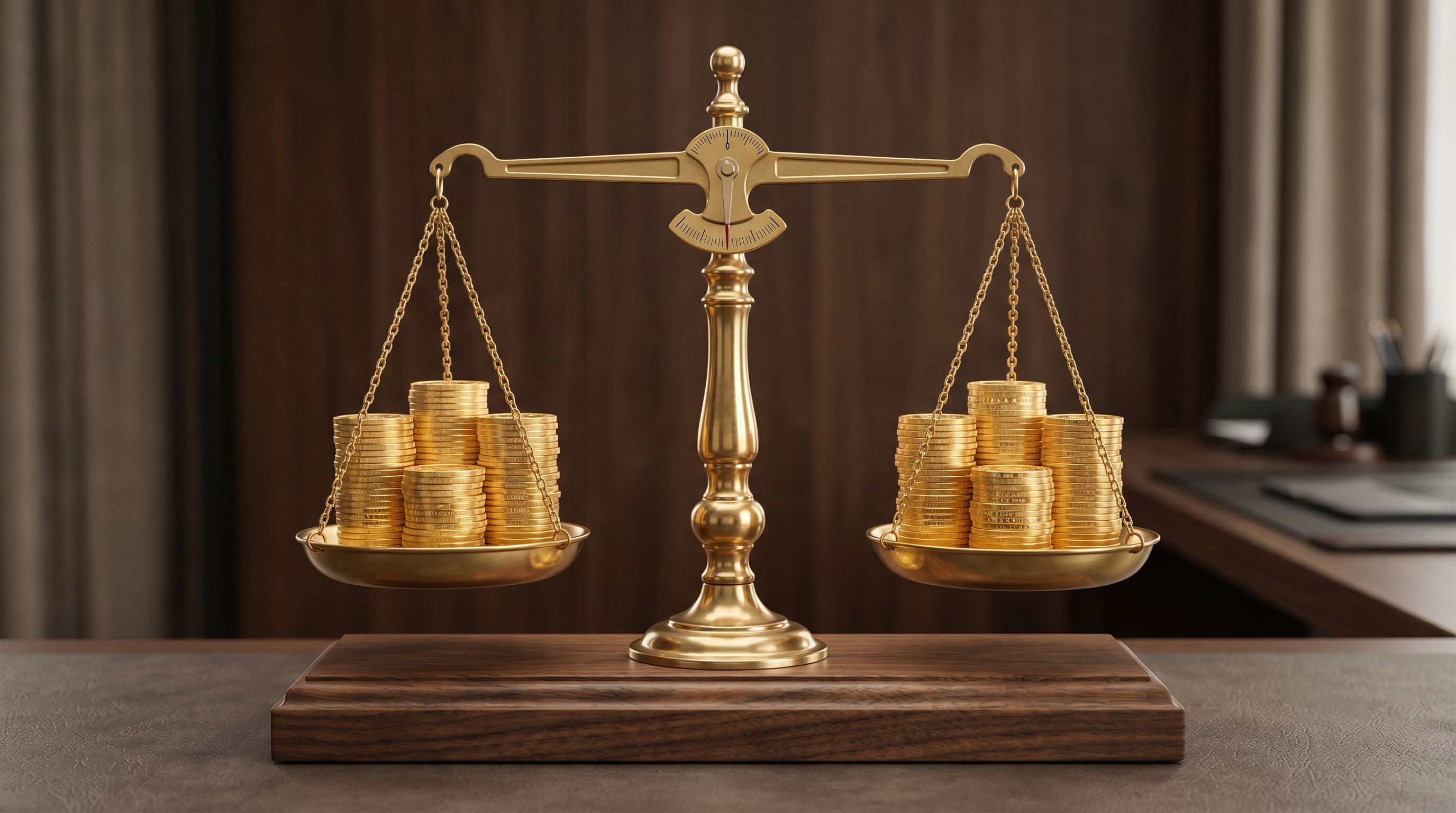 Polished brass balance scale with gold coins on both pans, representing precise currency measurement.