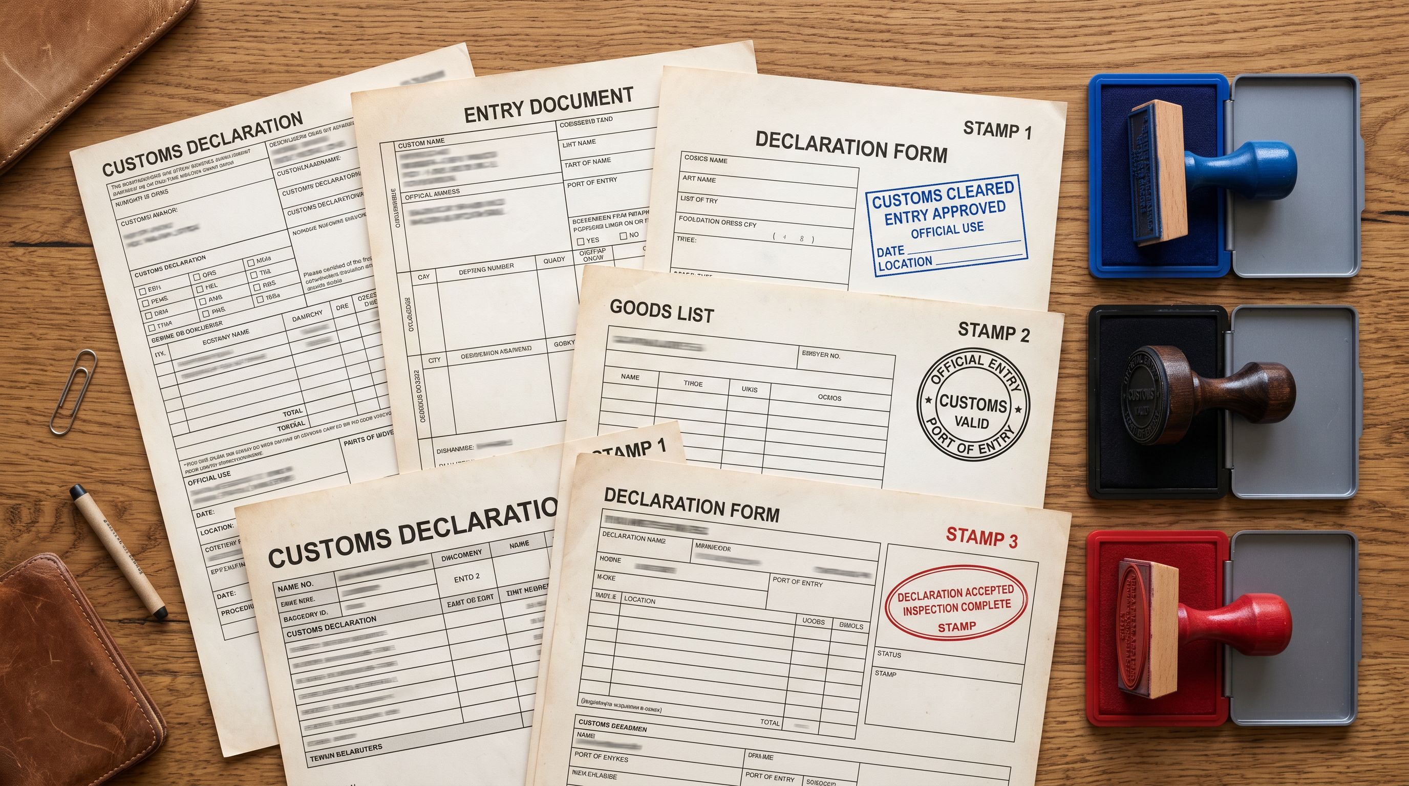 International customs declaration forms with official rubber stamp impressions on a wooden surface.