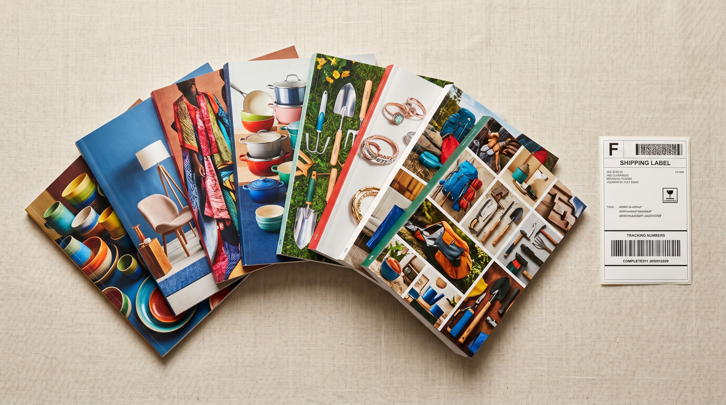 Colourful product catalogues with a shipping label, representing an end-to-end import workflow series.
