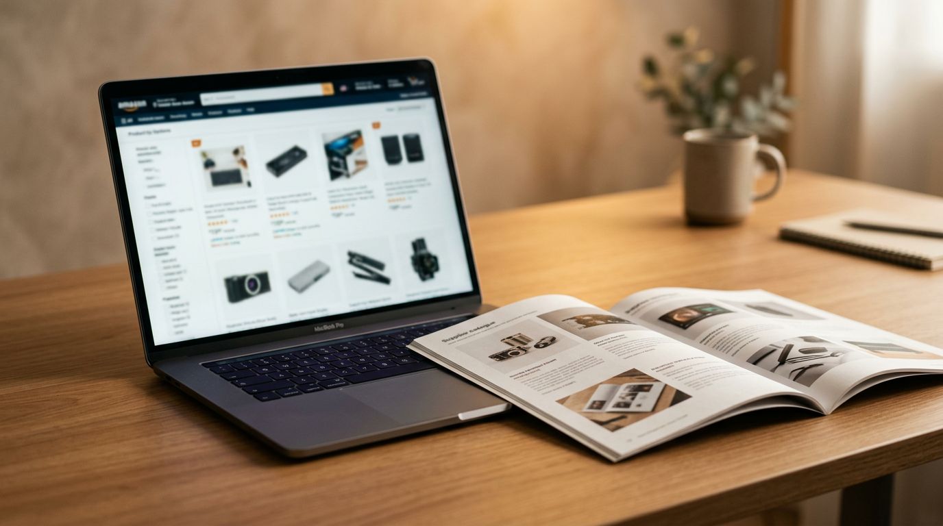 A laptop open on a desk showing a product listing page on screen, a printed supplier catalogue open beside it, warm overhead studio lighting.