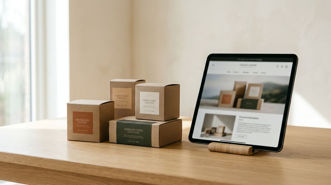 Several product boxes arranged on a clean surface with a tablet screen showing a webpage beside them, soft studio lighting from the side.