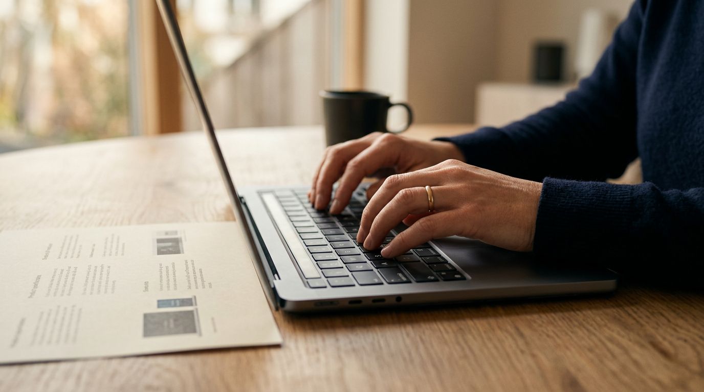 Close-up of a person's hands at a keyboard beside a printed product specification sheet on a desk, warm natural light from a window.