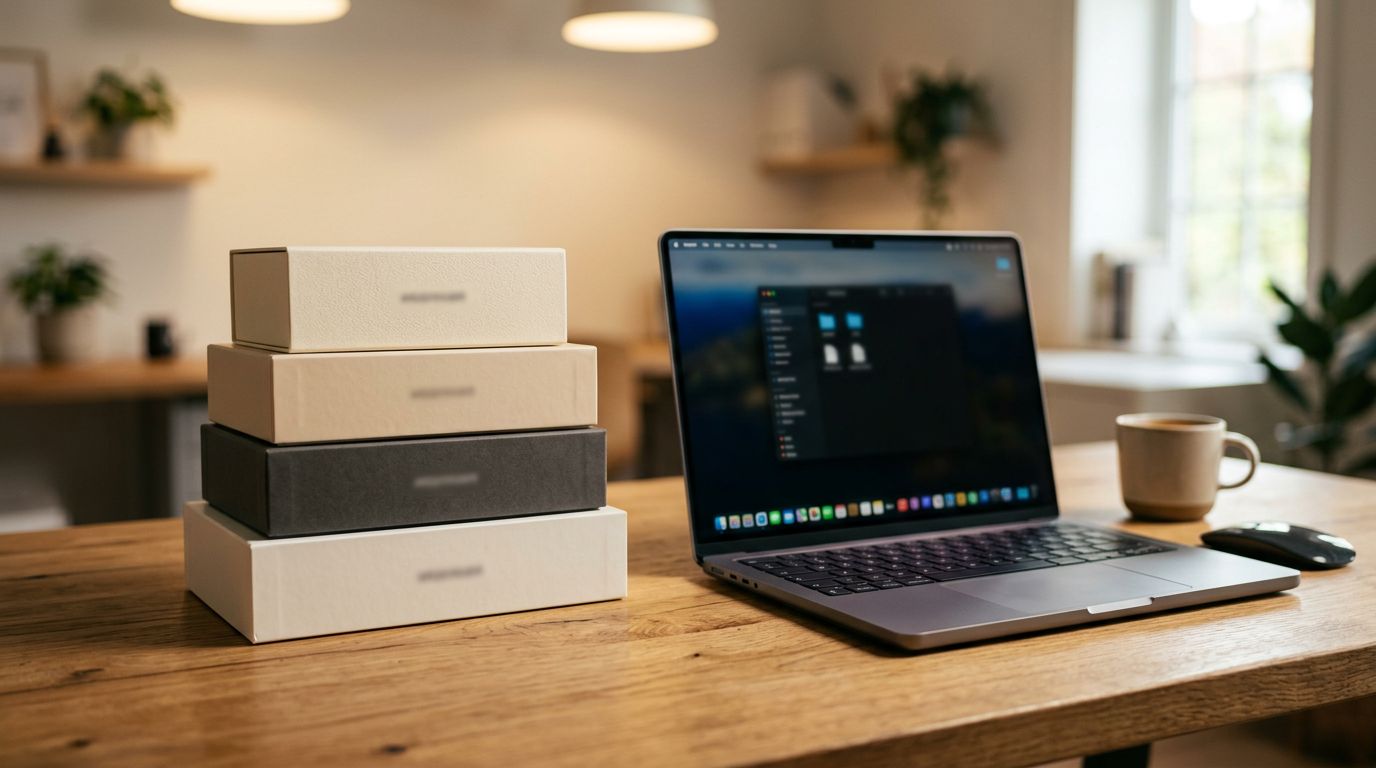 A desk with product boxes stacked on one side and an open laptop on the other, warm overhead studio lighting, clean surface.