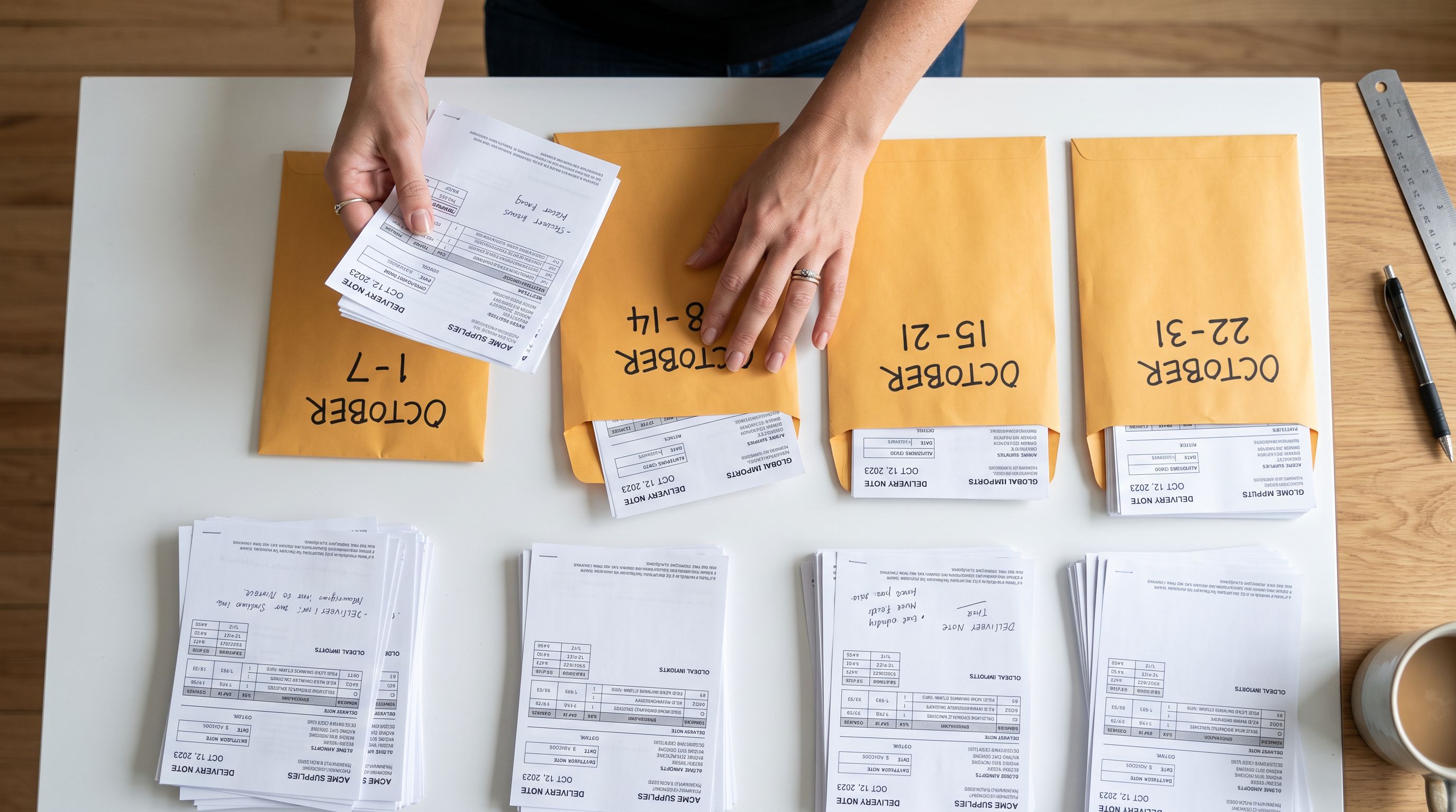 Hands sorting printed supplier delivery notes into labelled manila envelopes by date, viewed from directly above.