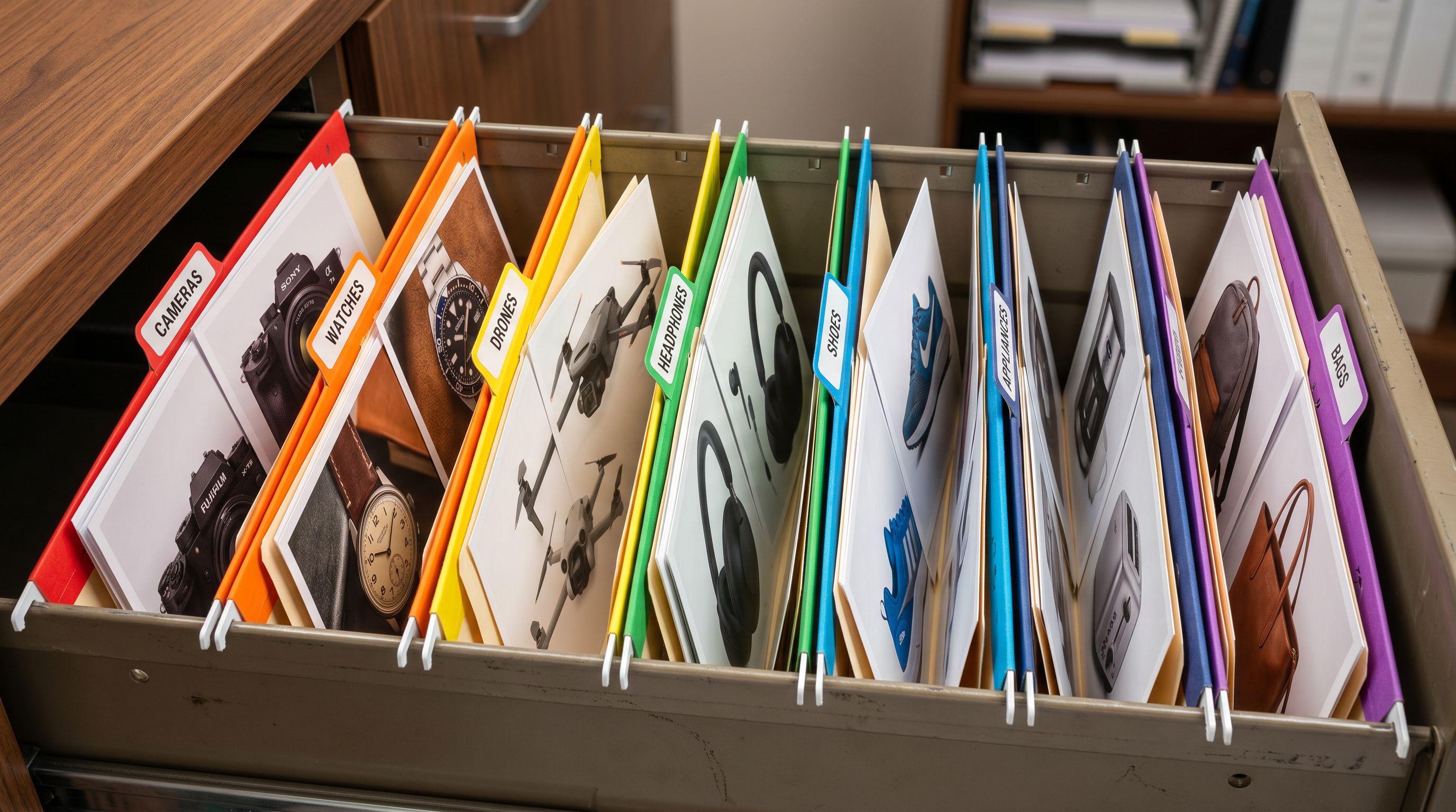 Colour-coded hanging file folders containing printed product photographs in an organised archive