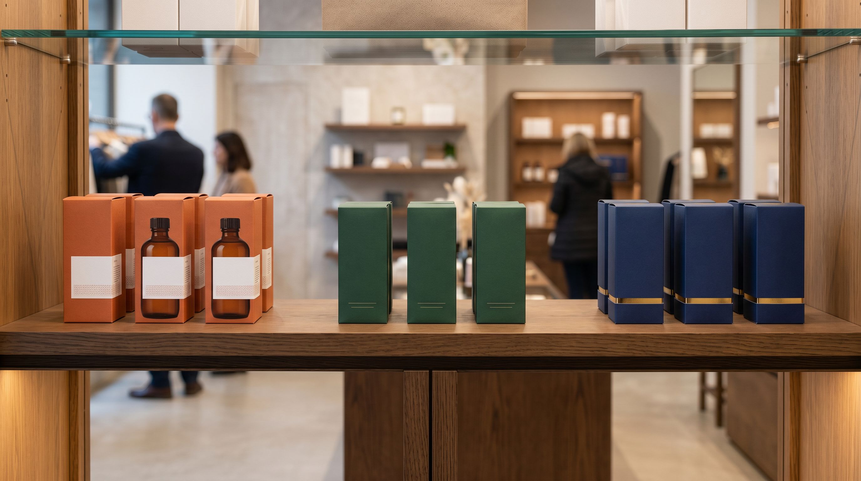 Polished retail display shelf with three colour-coordinated product groups arranged for store presentation